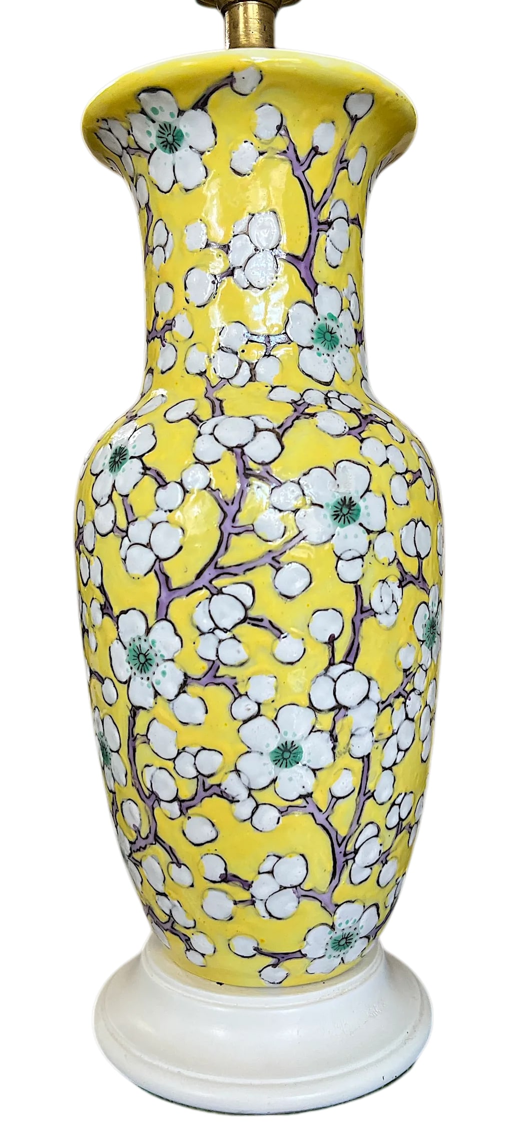 Vintage Yellow Porcelain Lamps Hand-Painted Cherry Blossom Design With Scalloped Ivory Shades a Pair - 2