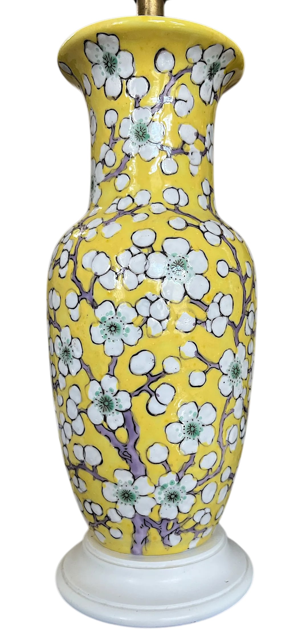 Vintage Yellow Porcelain Lamps Hand-Painted Cherry Blossom Design With Scalloped Ivory Shades a Pair - 3