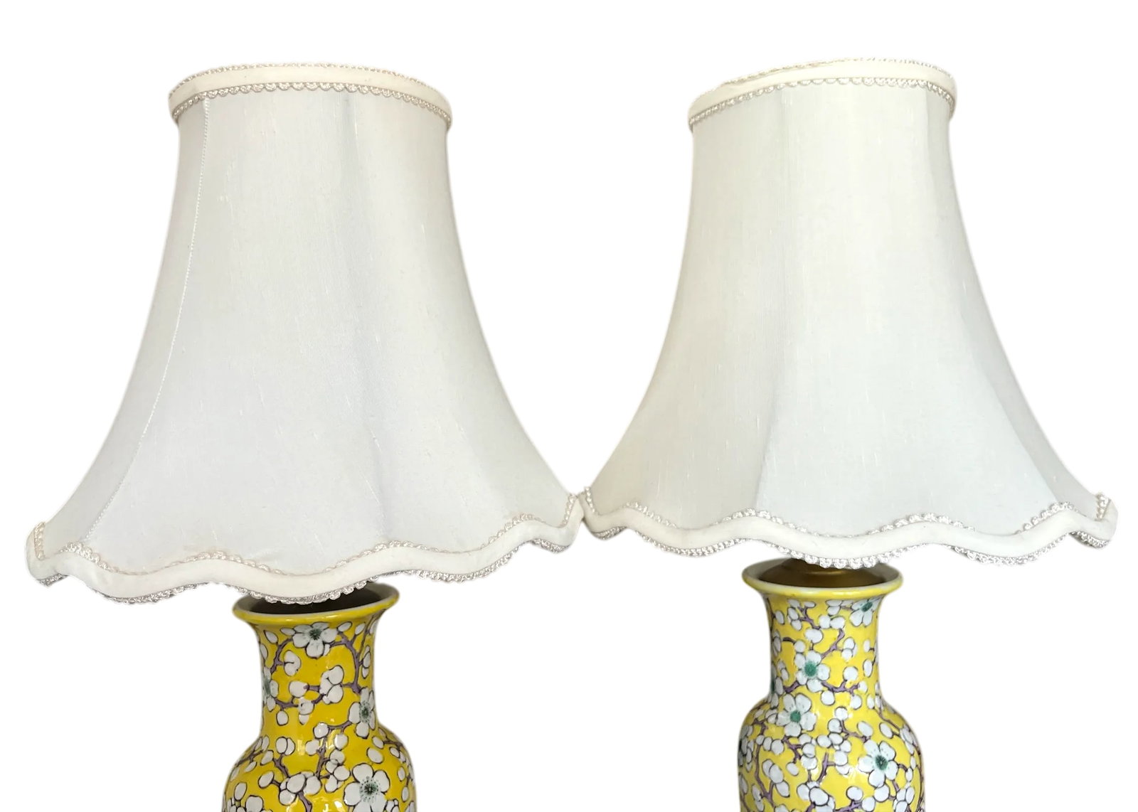 Vintage Yellow Porcelain Lamps Hand-Painted Cherry Blossom Design With Scalloped Ivory Shades a Pair - 4