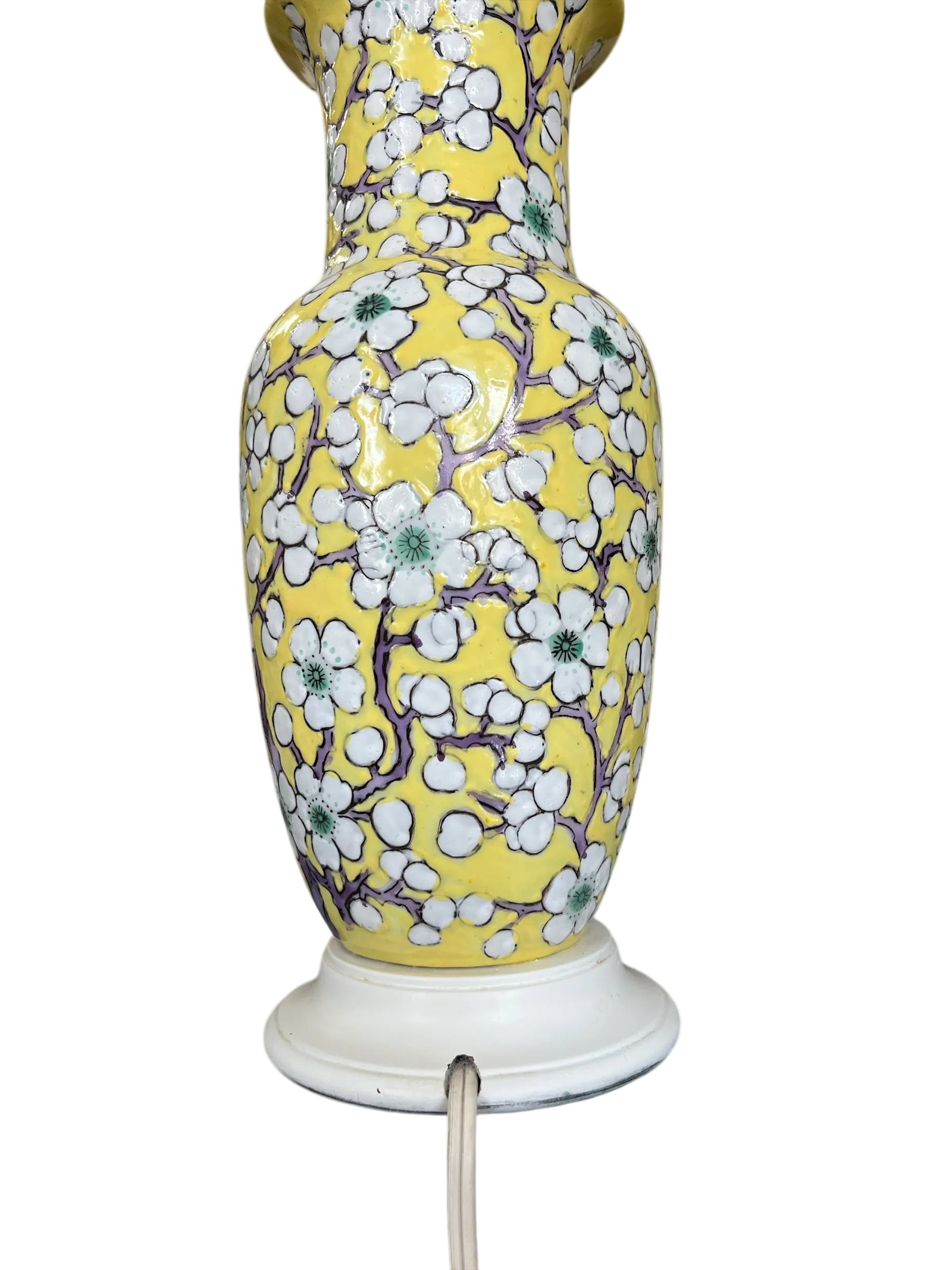 Vintage Yellow Porcelain Lamps Hand-Painted Cherry Blossom Design With Scalloped Ivory Shades a Pair - 5