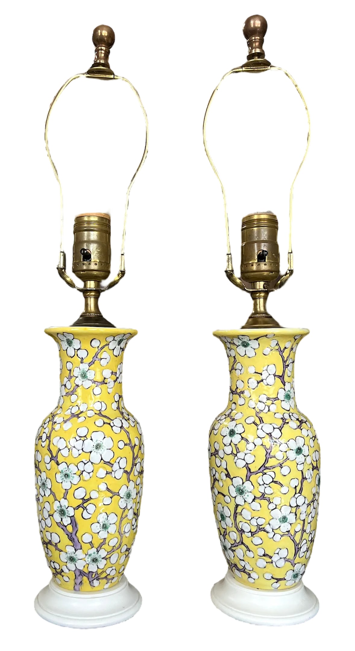 Vintage Yellow Porcelain Lamps Hand-Painted Cherry Blossom Design With Scalloped Ivory Shades a Pair - 6