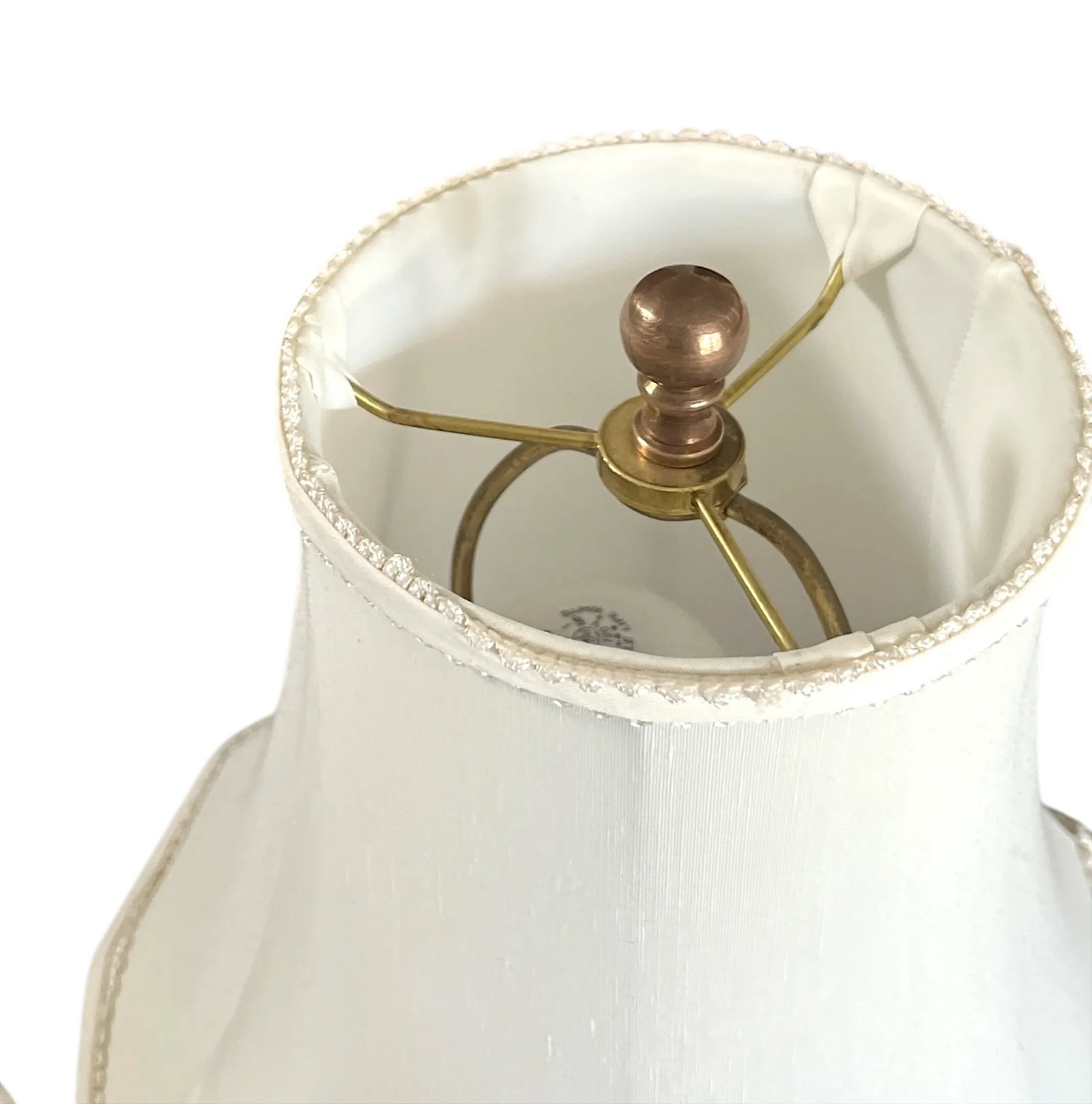 Vintage Yellow Porcelain Lamps Hand-Painted Cherry Blossom Design With Scalloped Ivory Shades a Pair - 7