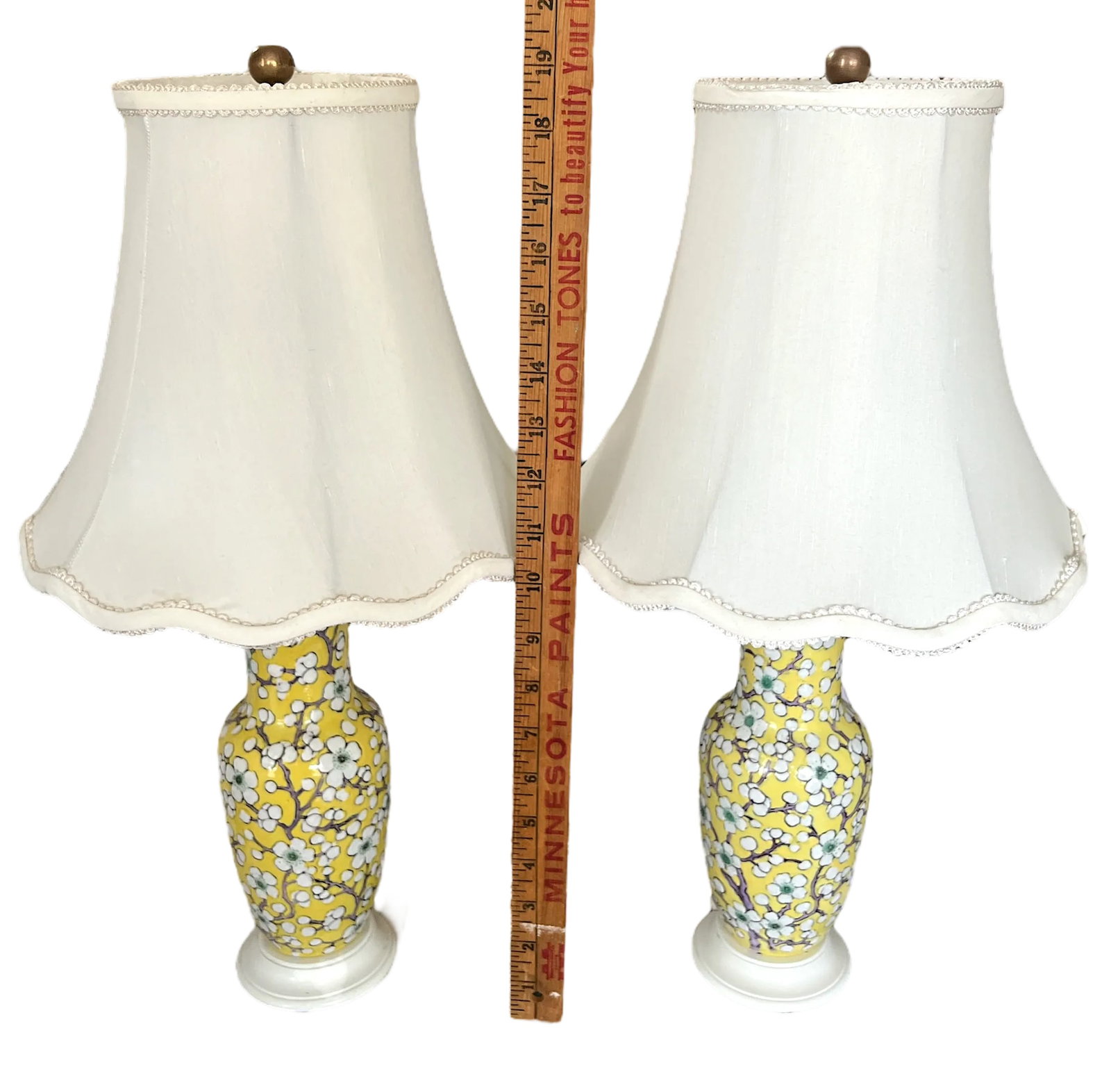 Vintage Yellow Porcelain Lamps Hand-Painted Cherry Blossom Design With Scalloped Ivory Shades a Pair - 9