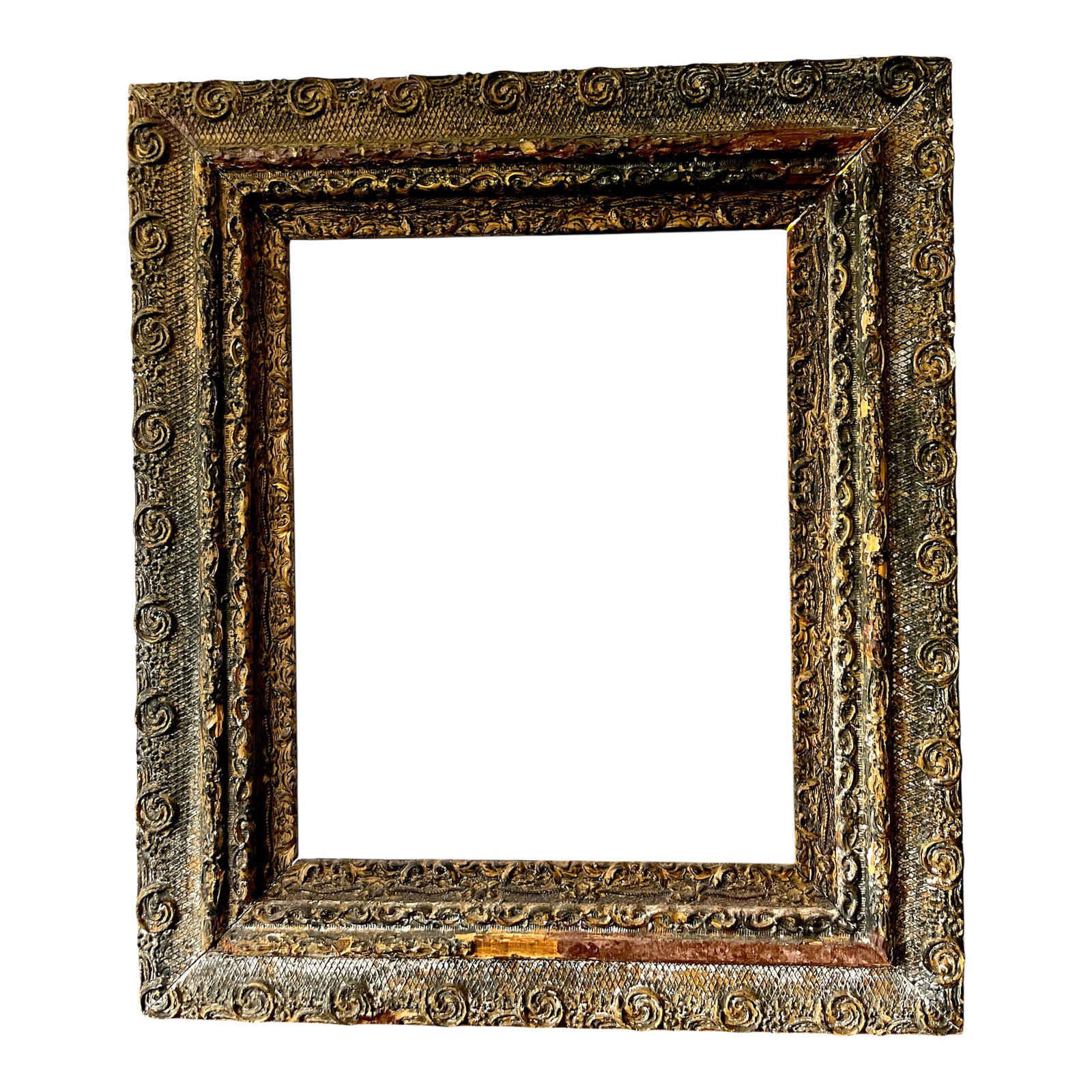 Large 19th Century Antique Gesso and Gilt Wood Frame With Ornate Swirl and Floral Relief: Antique frame, richly detailed, traditional European craftsmanship. Crafted from wood and finished in hand-applied gold leaf, this 19th-century frame features intricate gesso molding with raised
