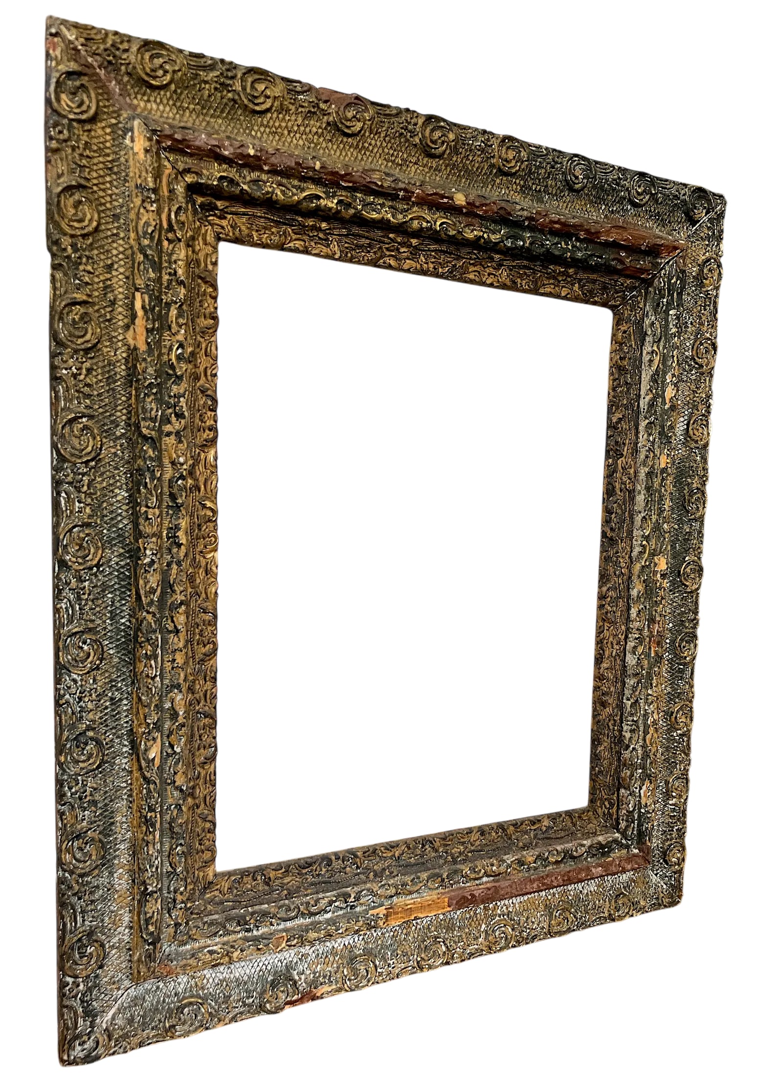 Large 19th Century Antique Gesso and Gilt Wood Frame With Ornate Swirl and Floral Relief - 2