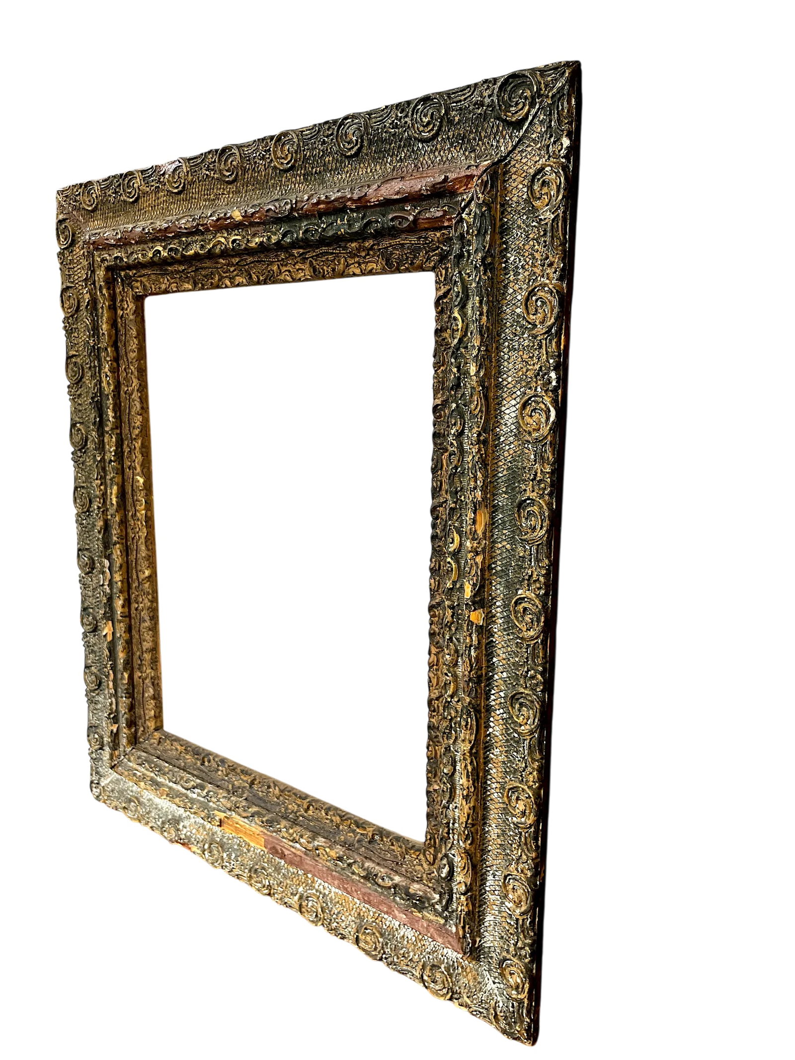 Large 19th Century Antique Gesso and Gilt Wood Frame With Ornate Swirl and Floral Relief - 3