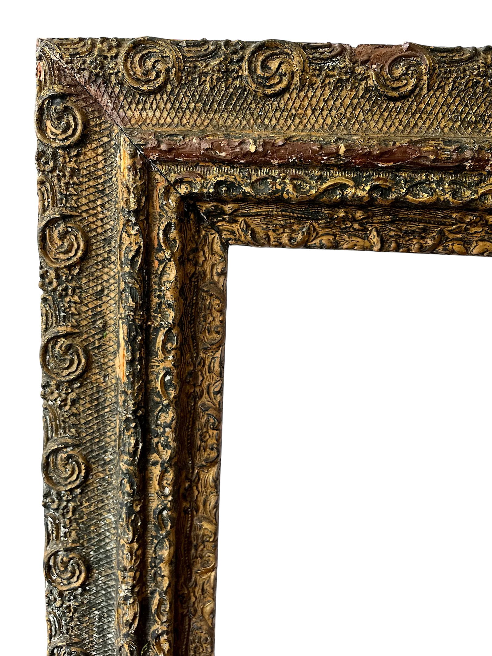 Large 19th Century Antique Gesso and Gilt Wood Frame With Ornate Swirl and Floral Relief - 4