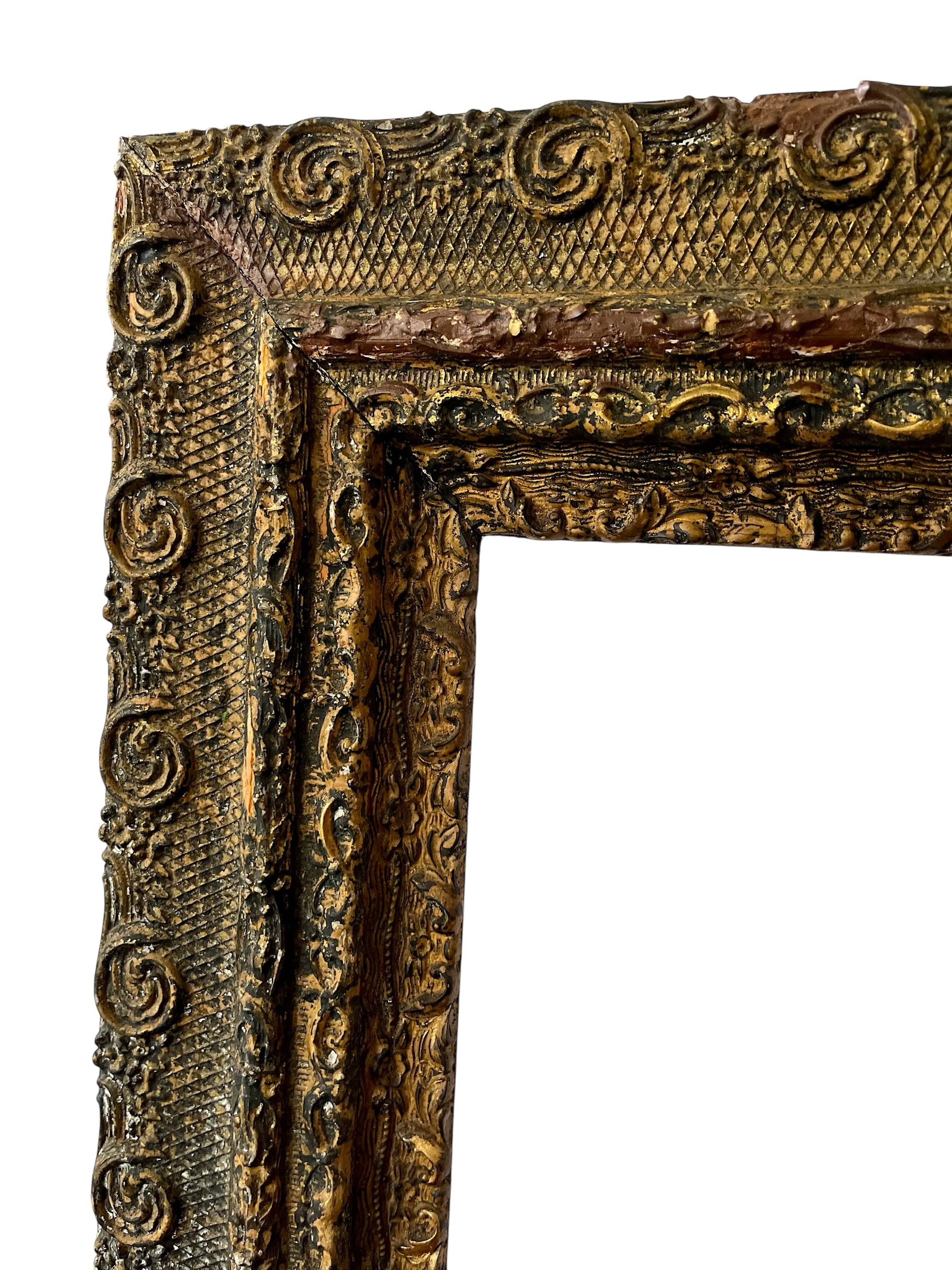 Large 19th Century Antique Gesso and Gilt Wood Frame With Ornate Swirl and Floral Relief - 5