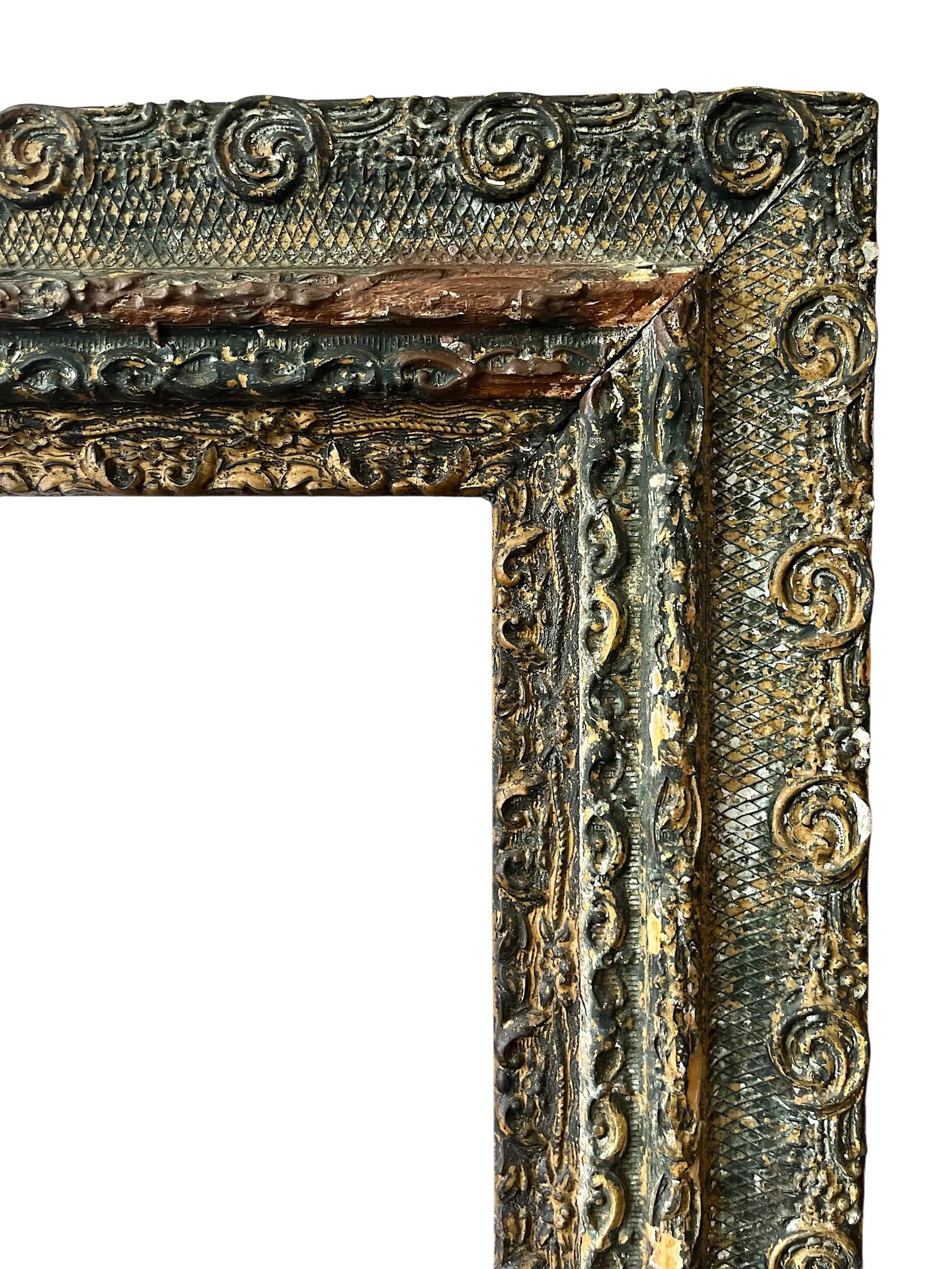 Large 19th Century Antique Gesso and Gilt Wood Frame With Ornate Swirl and Floral Relief - 6