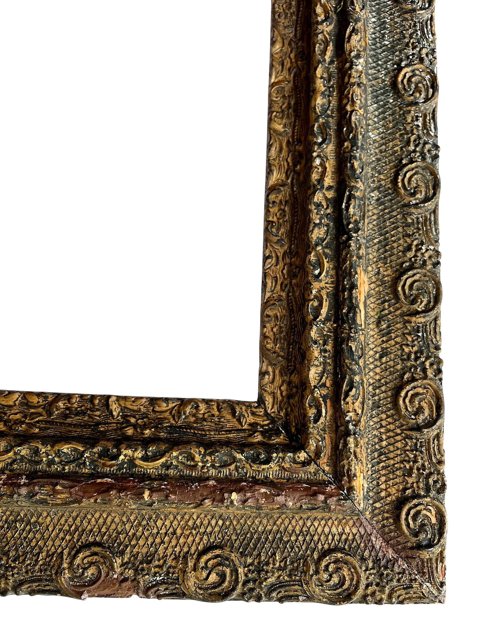 Large 19th Century Antique Gesso and Gilt Wood Frame With Ornate Swirl and Floral Relief - 7