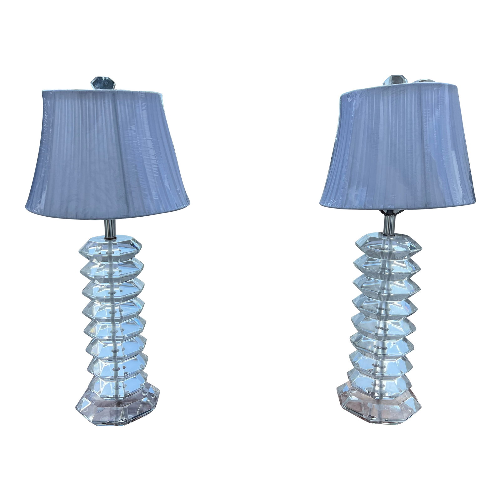 1960s Monumental Pair of Stacked Lucite Lamps in the Style of Karl Springer: Impressive pair of stacked Lucite lamps, in the style of Karl Springer, 1980s. shades Included These are of the highest quality. The Lucite is thick . Condition: Alterations: Original Condition