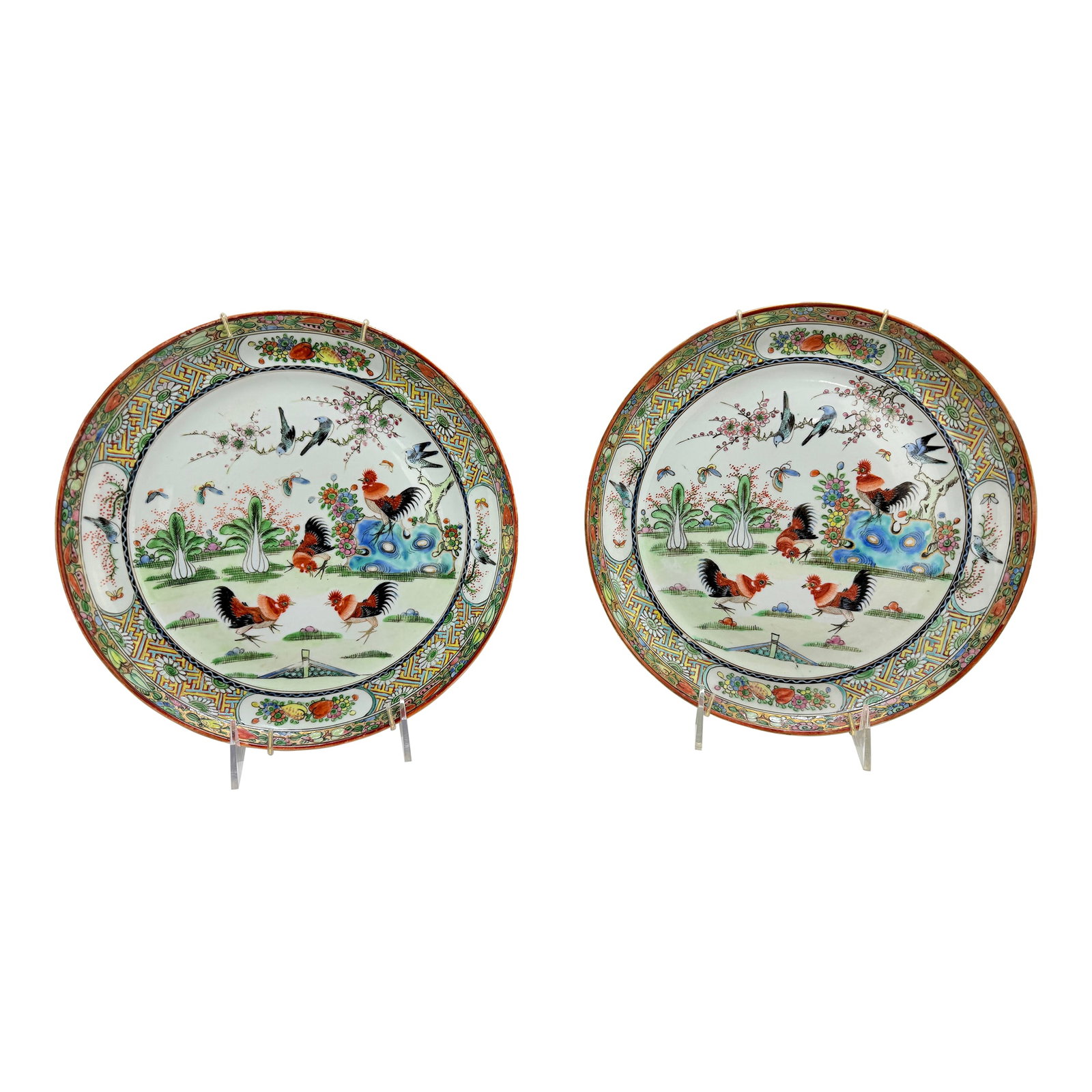 Pair, Chinese Export Porcelain Famille Rose Rooster Decorated Dinner Plates (1 of 9)