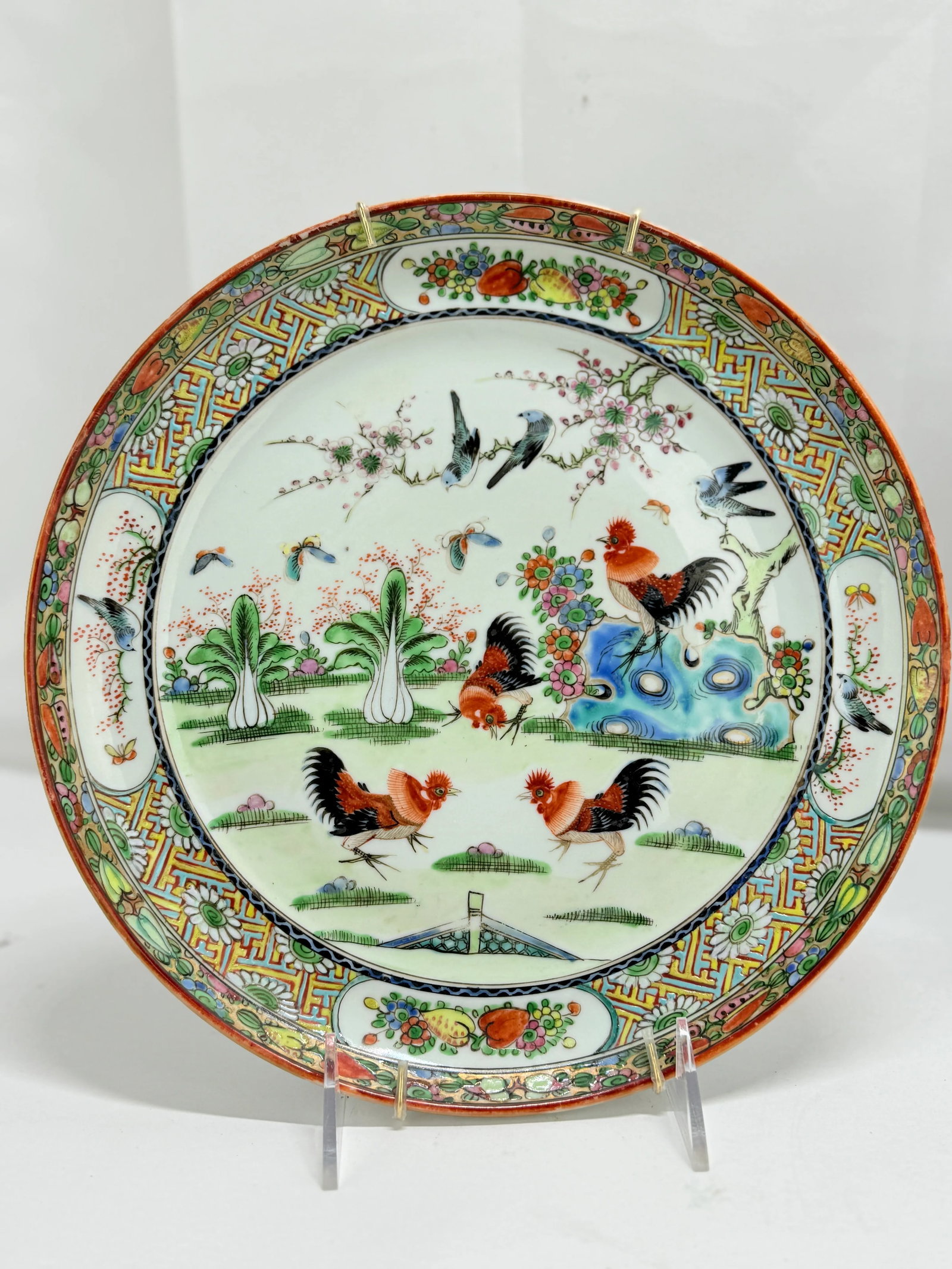 Pair, Chinese Export Porcelain Famille Rose Rooster Decorated Dinner Plates - 7