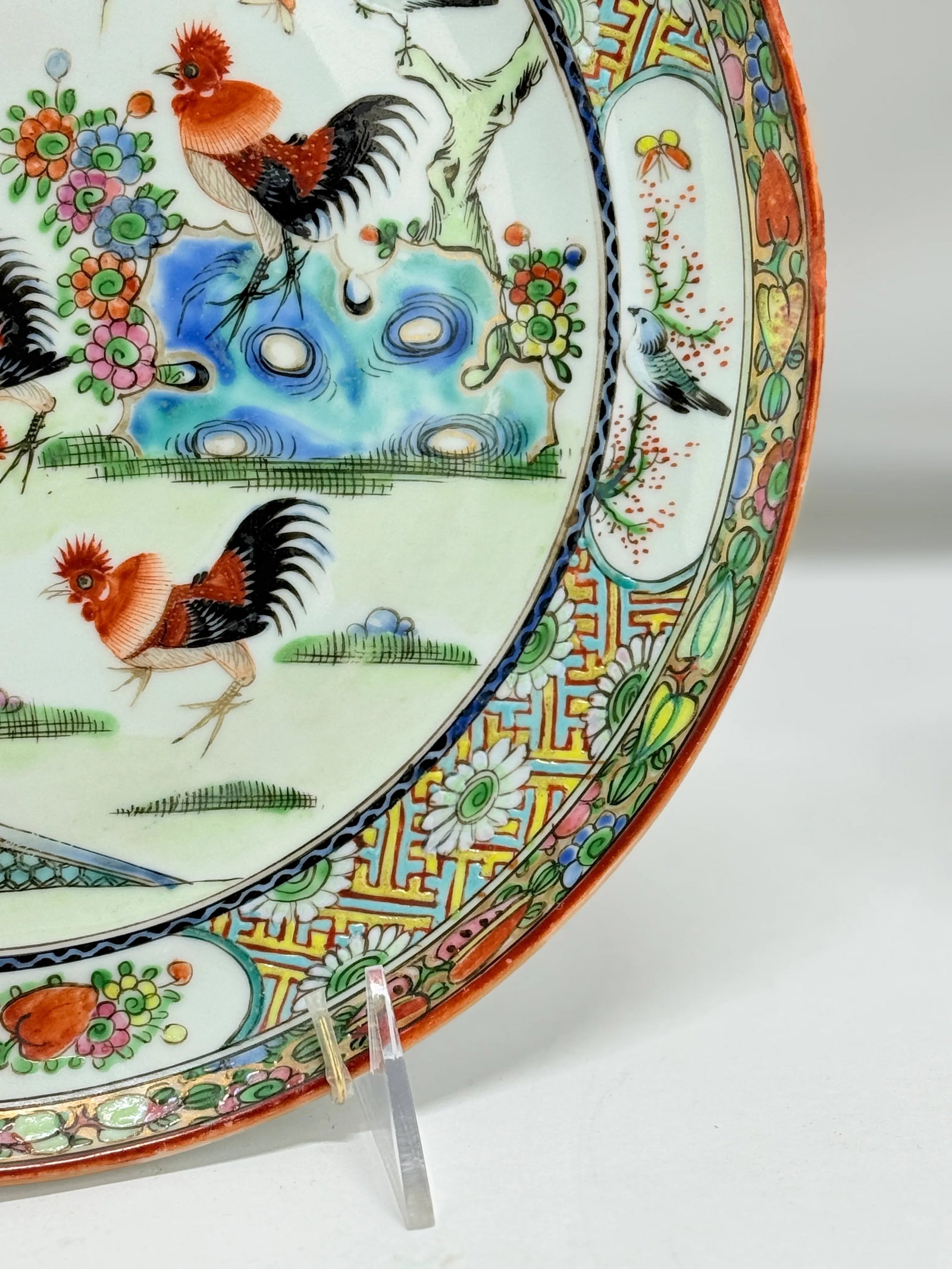Pair, Chinese Export Porcelain Famille Rose Rooster Decorated Dinner Plates - 8