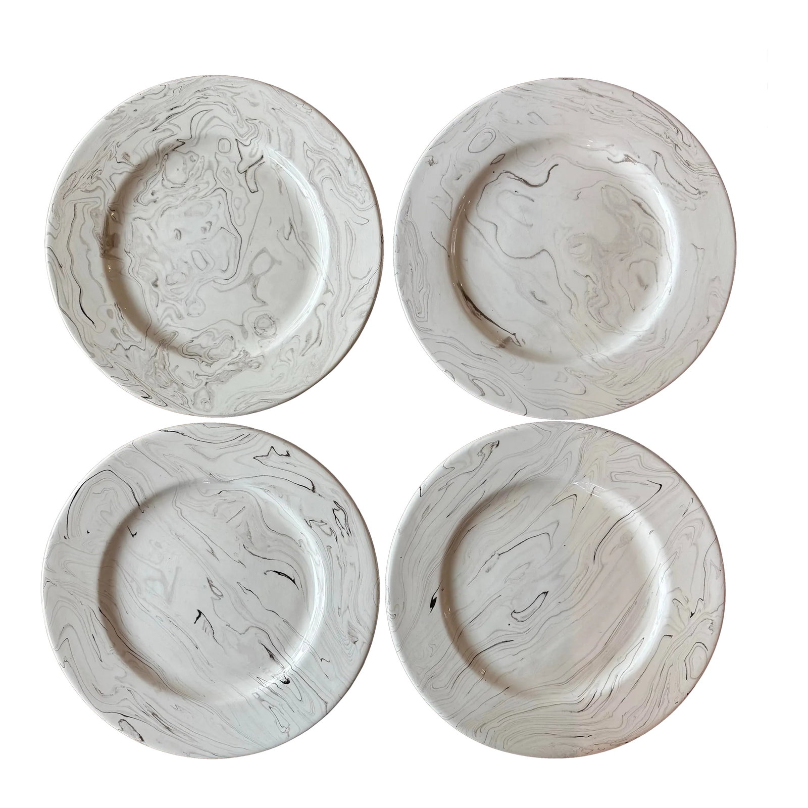 Set of 4 French Ceramic Plates With Cream and Brown Marbled Design: Set of 4 beautiful hand made cream and brown marbled ceramic plates. Made in France and signed on the bottom of each plate. Due to the handmade nature of each item, color, size and form may vary