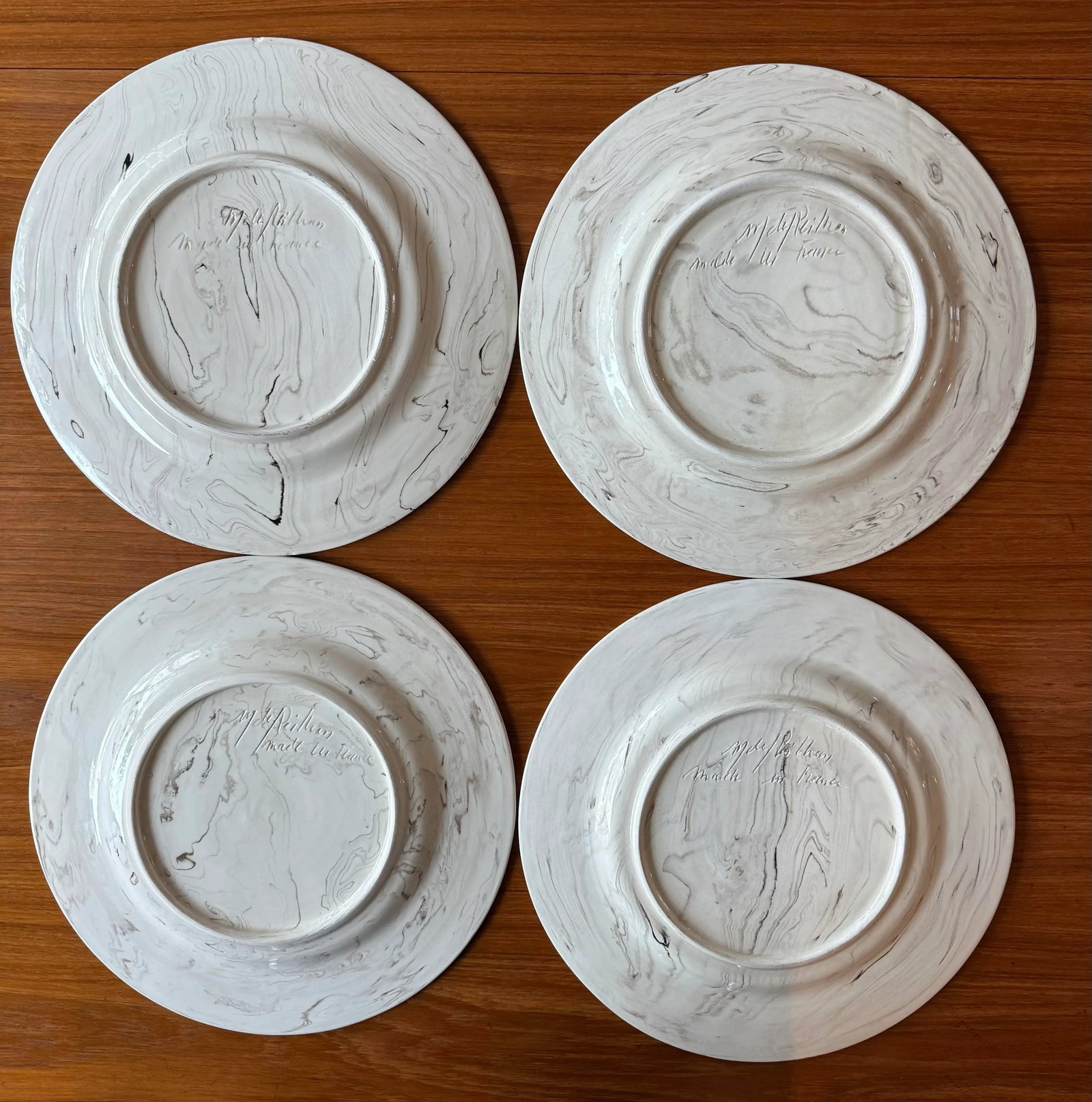 Set of 4 French Ceramic Plates With Cream and Brown Marbled Design - 9