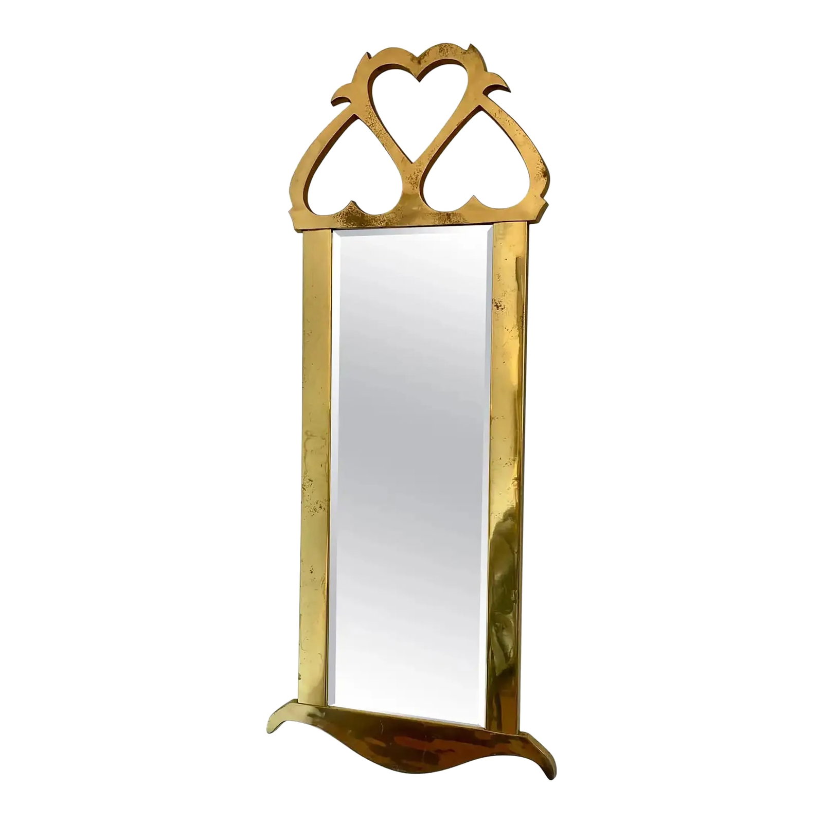 Mid-Century Mastercraft Brass Hanging Mirror: Vintage brass hanging mirror for Mastercraft has some patina but is in overall good condition. Width shown below is the measurement for the widest point at the bottom of the mirror. The mid-area of th