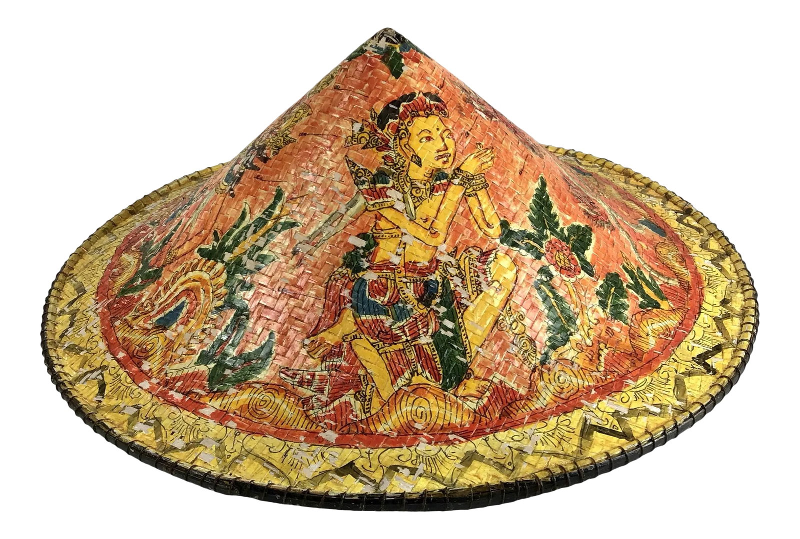 Authentic East Asian Farmer Rattan Hat: Hand woven and hand painted authentic villager straw rattan wicker hat. In wonderful condition for the age. Most likely from Tibet or Nepal. Very rare indeed. Hang on the wall to start an instant