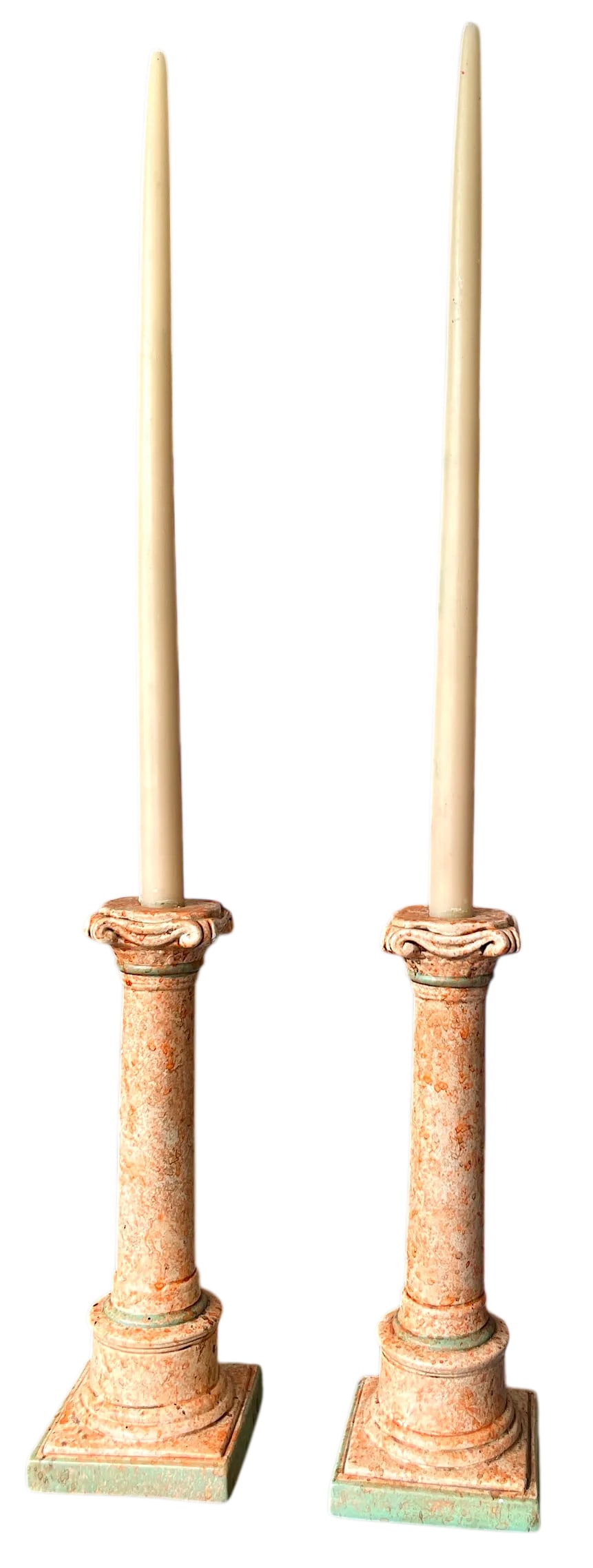 Vintage Italianate Marbleized Terracotta Pink and Green Plaster Candlestick Holders in the Form of C - 2