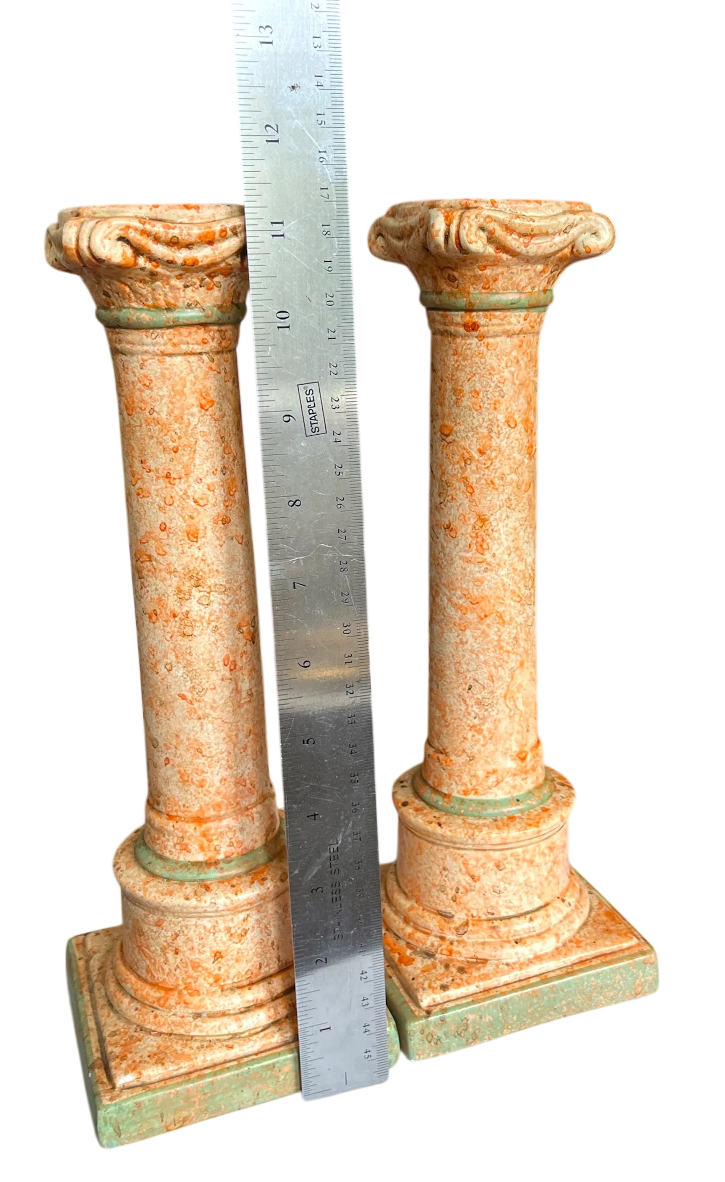 Vintage Italianate Marbleized Terracotta Pink and Green Plaster Candlestick Holders in the Form of C - 6