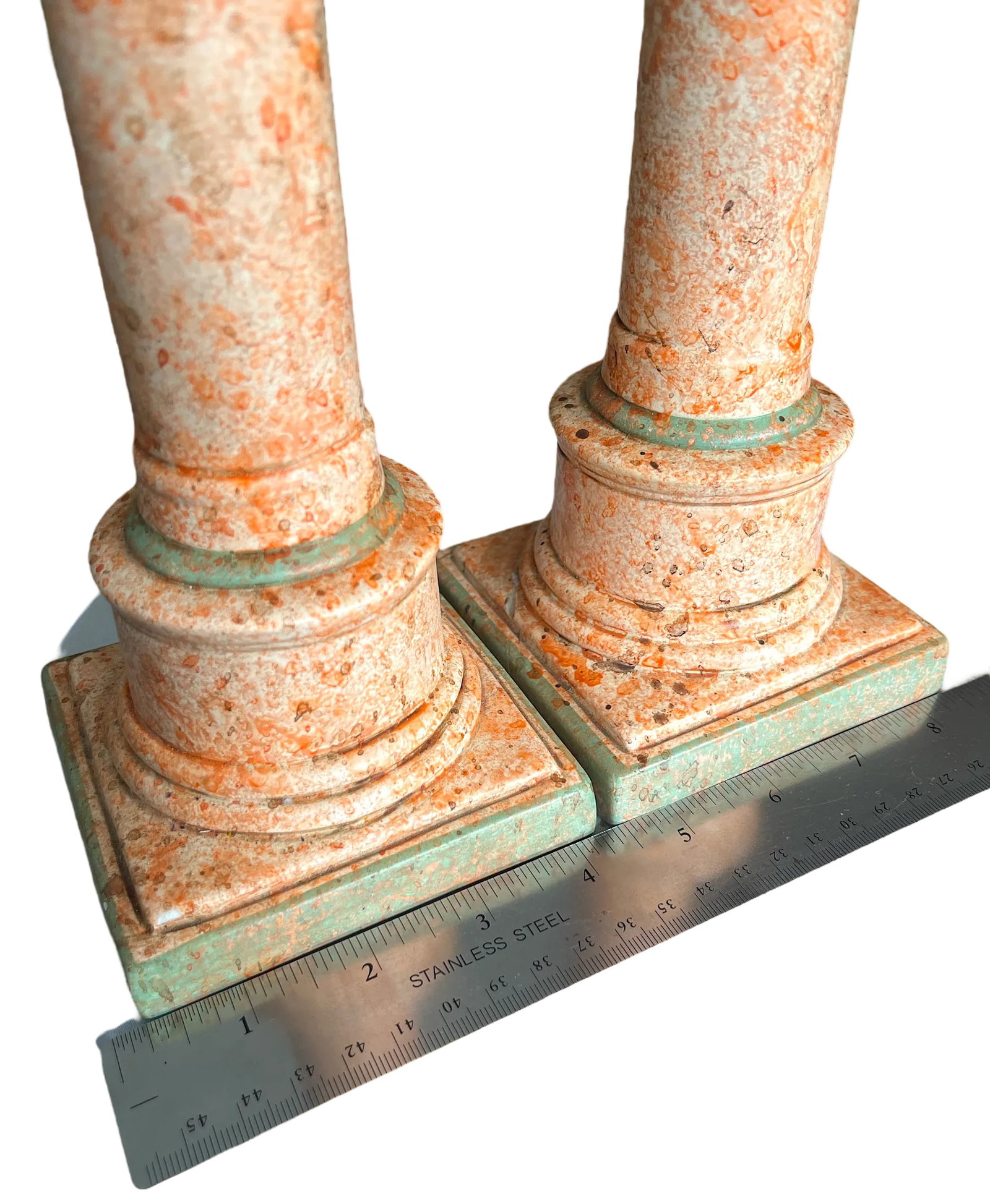 Vintage Italianate Marbleized Terracotta Pink and Green Plaster Candlestick Holders in the Form of C - 7