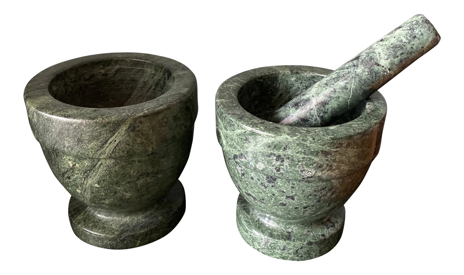 Green Mortar and Pestle Collection - 3 Piece Set: Add some personality to your kitchen with this solid and heavy pair of mortar and pestle collection. Perfect to serve and utilitarian for those special recipes. Condition: Alterations: Original