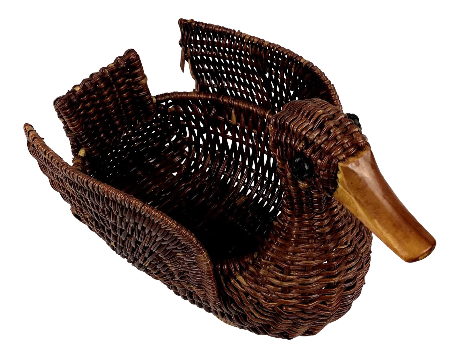 Boho 1970s Woven Wicker Duck Trinket Basket: Quack Quack.......Wicker Rattan Duck Figure will certainly make you smile. Use this cool holder on the vanity or in the kitchen. Not too large nor too small. Check out the smaller version in another