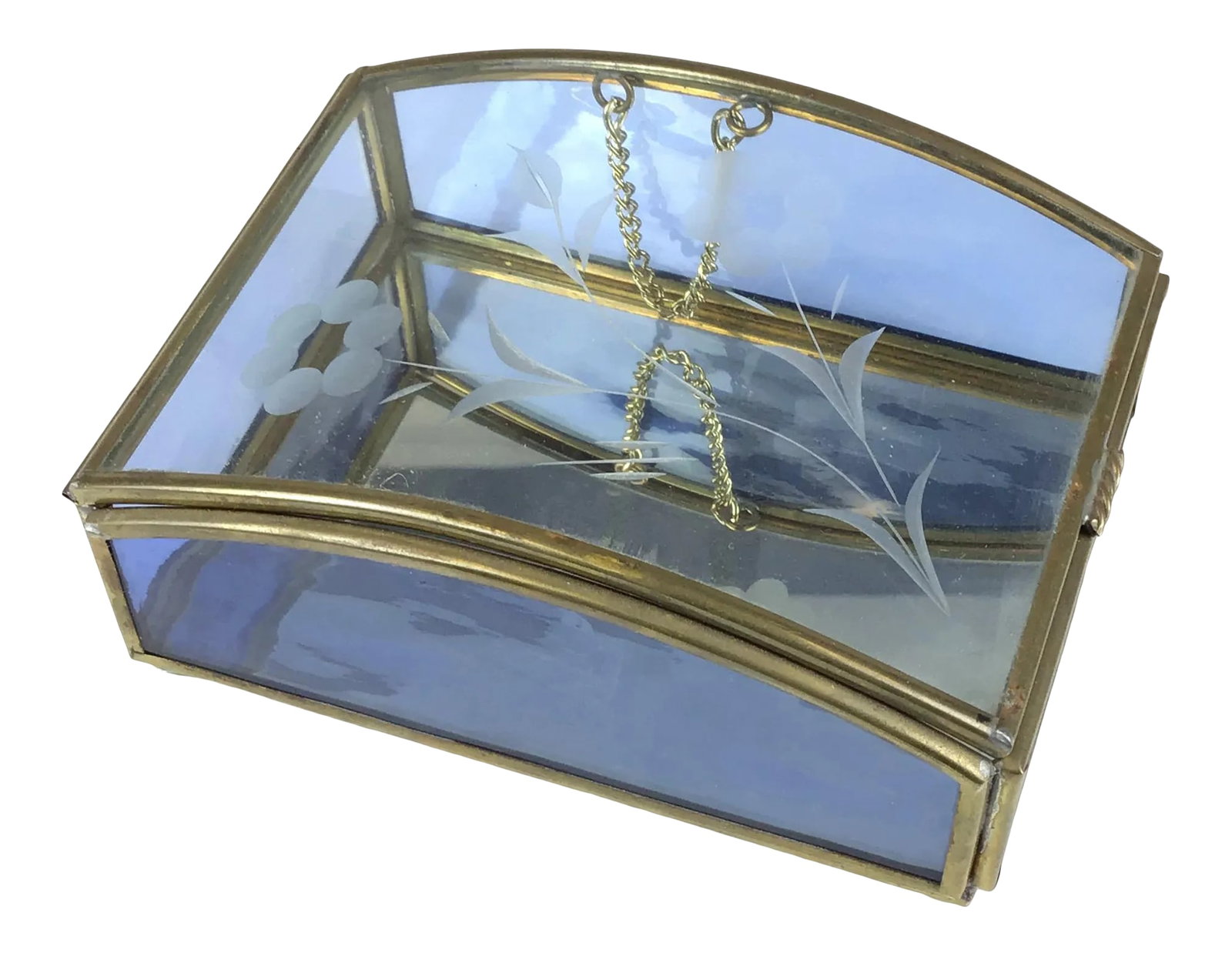 1960s Etched Glass and Brass Dome Display Case: Unique jewelry box made with etched glass, mirror and light blue glass around the sides. It is framed in brass and comes with a delicate chain to keep the lid stable. Gift worthy indeed. Condition: Al
