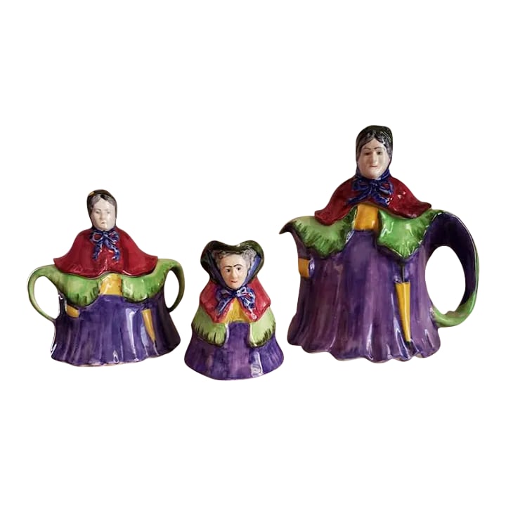 1930s English Lady Figural Tea Pot Set With Sugar and Creamer by h.j. Wood - Set of 3: Colorful, figural H.J. Wood Old lady tea pot set includes a teapot, sugar bowl and creamer. Condition: Alterations: Restored Imperfections: Some Imperfections Condition Notes: Teapot, sugar and