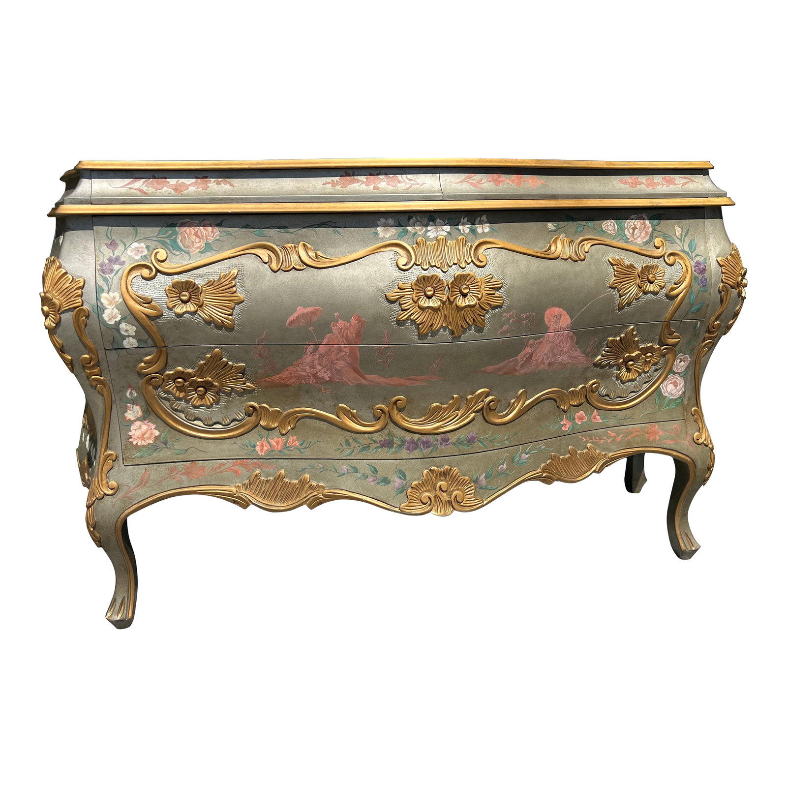Decorated Venetian Rococo Bombe Commode: This is one of the most beautiful multi-colored paint decorated bombe commode. The six handles shown have never been attached Condition: Alterations: Original Condition Unaltered Imperfections: Some I