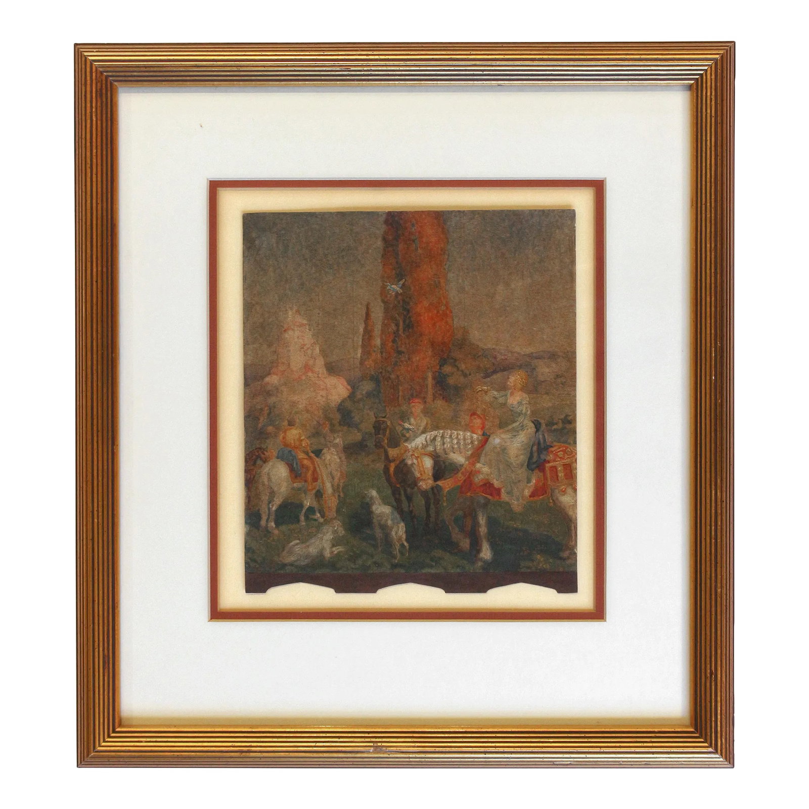 Mid-20th Century American Framed Painted Screen by Kenneth Steven MacIntire: Mid-20th century framed painted screen by Kenneth Steven MacIntire, American. "Medieval Screen of a Lady on Horseback" watercolor on stiff paper, floated in frame. A romantic scene of nature with a la