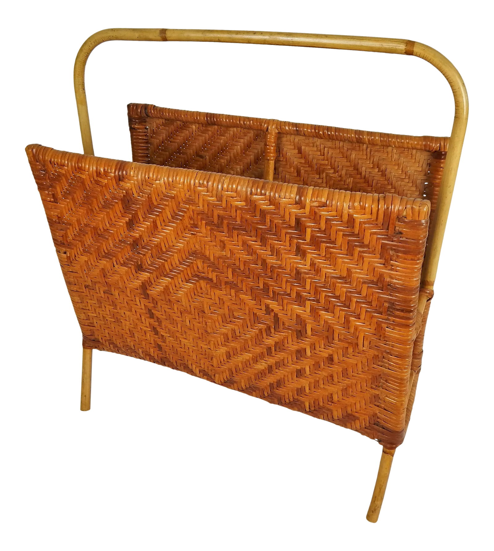 Large Mid-Century Woven Rattan & Bamboo Magazine Rack: Exceptional large Mid-Century Modern woven rattan and bamboo magazine rack, circa 1950's. This large magazine rack features a woven rattan cover in excellent condition with a beautiful pattern, (see p