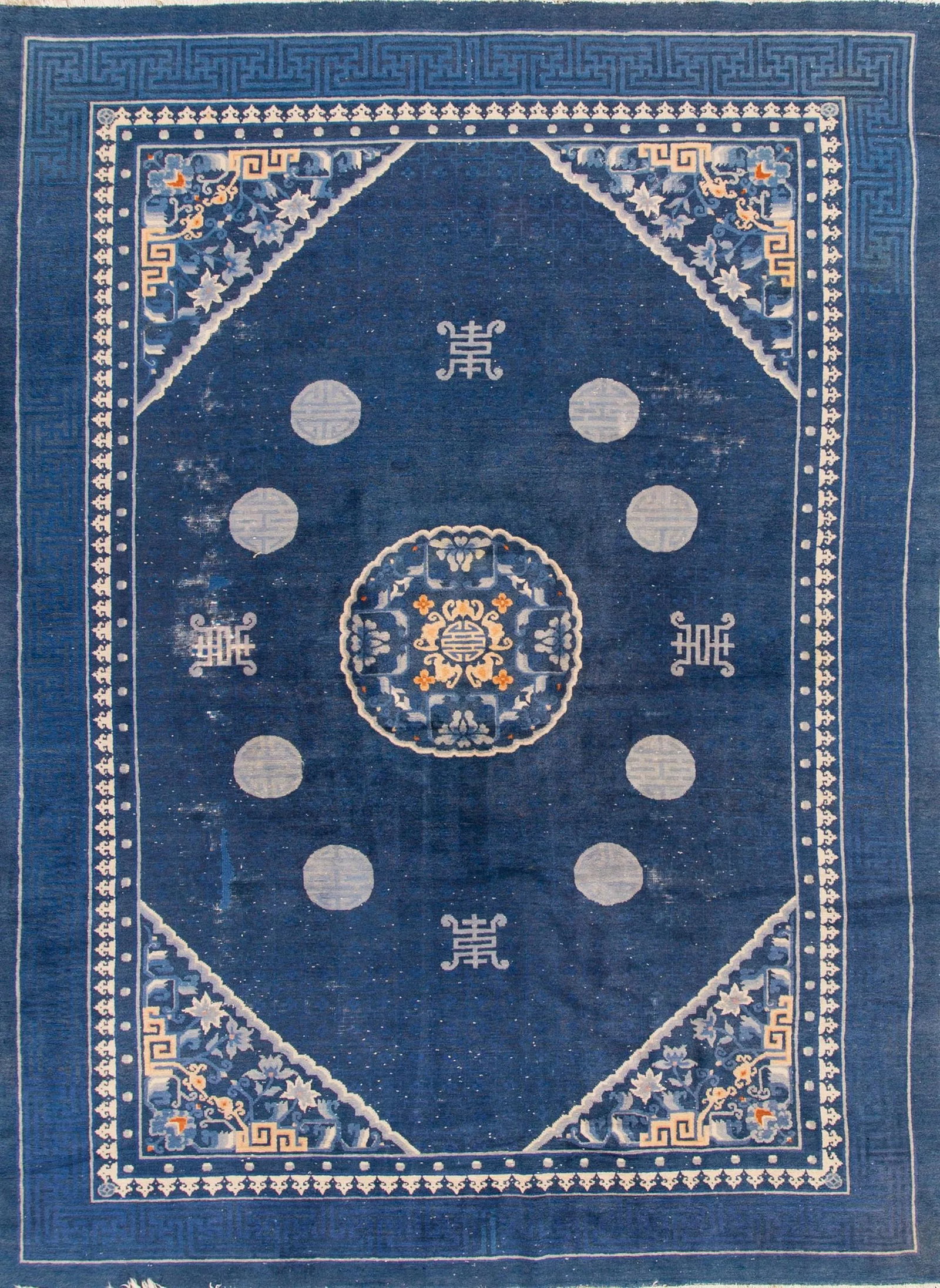 Antique Blue Peking Chinese Wool Rug 7 Ft 4 in X 9 Ft 10 In.: A beautiful antique Destressed Peking Chinese hand-knotted Wool rug with a blue field and multi-color accents all-over traditional Chinese design. This rug measures: 7'4" x 9'10" Condition: