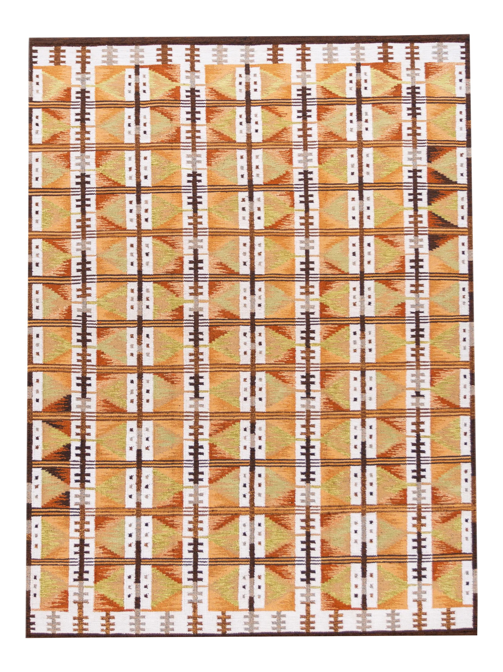21st Century Modern Scandinavian-Style Rug: A 21st-century modern Scandinavian-style rug in an all-over orange geometric pattern. This rug measures at 9' x 12'3". Condition: Imperfections: No Imperfections Materials & Techniques: Wool