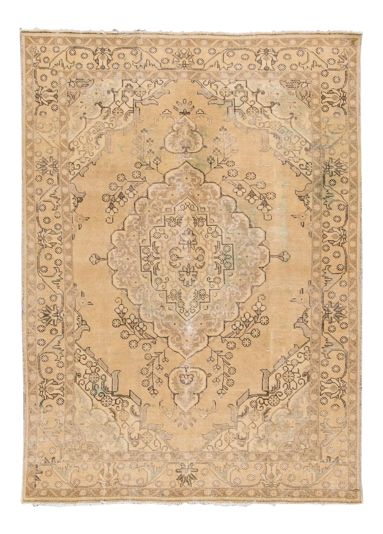 Vintage Tabriz Silk Rug: Beautiful hand-knotted antique Tabriz Silk rug. This rug has an ivory field with gray accents in a floral medallion design. This rug measures 6' 8" x 9' 7" Circa 1990 Condition: Alterations: Original 