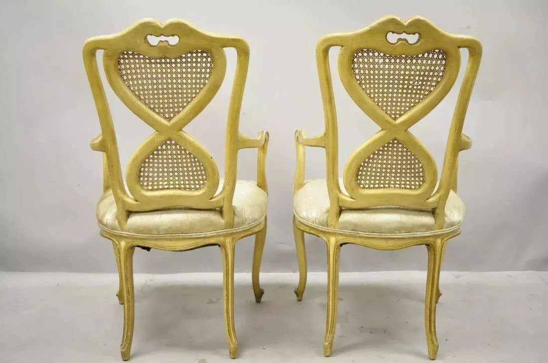 Mid 20th Century Vintage Italian Provincial French Louis XV Yellow Cane Dining Arm Chairs - Pair - 10