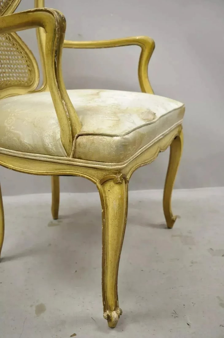 Mid 20th Century Vintage Italian Provincial French Louis XV Yellow Cane Dining Arm Chairs - Pair - 11