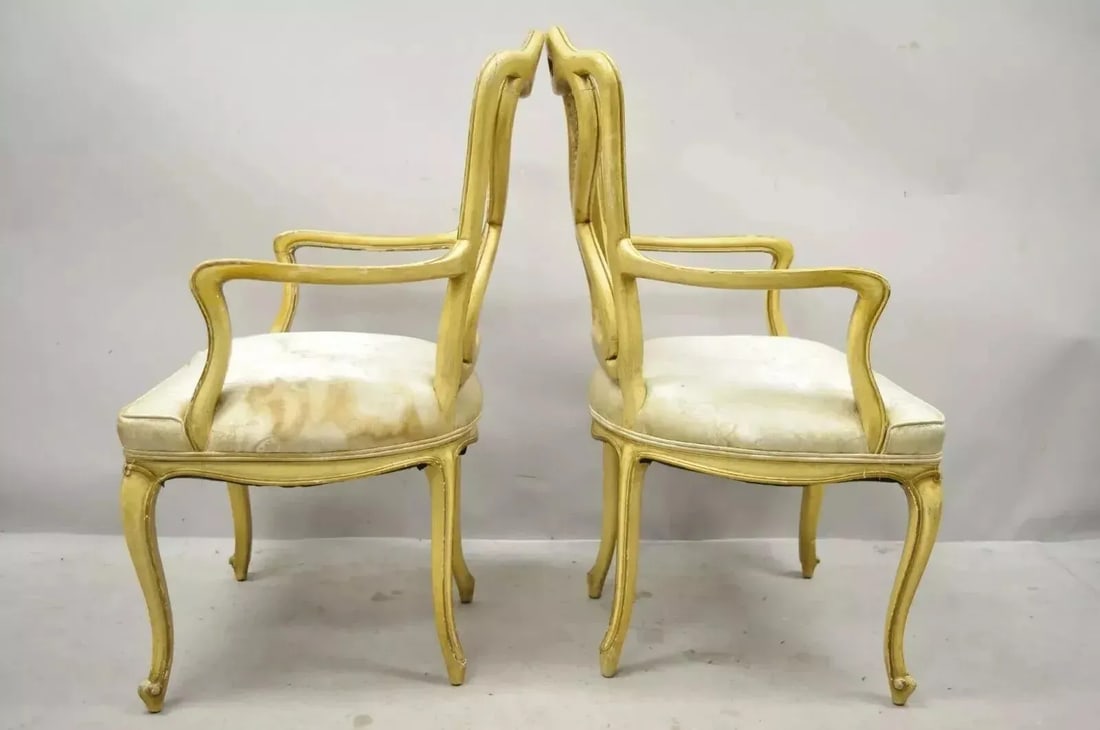 Mid 20th Century Vintage Italian Provincial French Louis XV Yellow Cane Dining Arm Chairs - Pair - 12