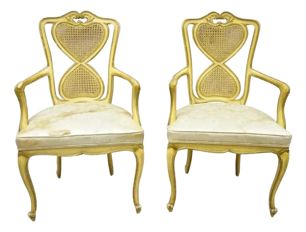 Mid 20th Century Vintage Italian Provincial French Louis XV Yellow Cane Dining Arm Chairs - Pair: Vintage Italian Provincial French Louis XV Style Yellow Cane Dining Arm Chairs - a Pair. Item features cane backs, solid wood frame, distressed finish, cabriole legs, quality craftsmanship, great
