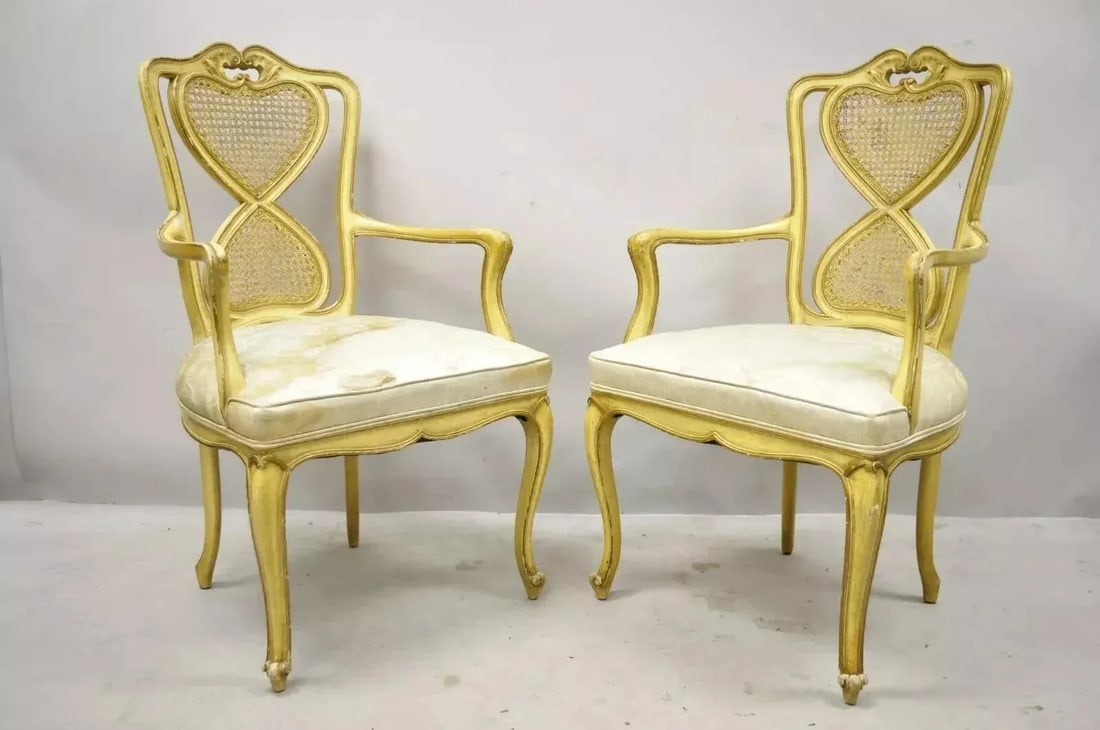 Mid 20th Century Vintage Italian Provincial French Louis XV Yellow Cane Dining Arm Chairs - Pair - 2