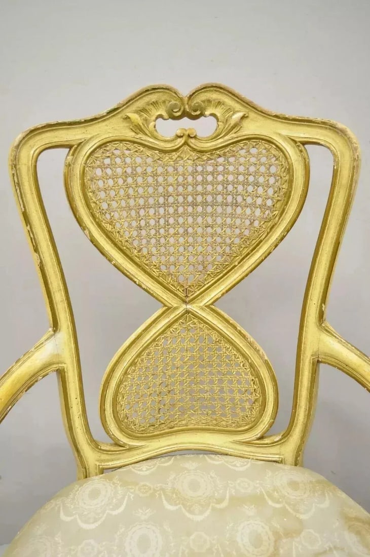 Mid 20th Century Vintage Italian Provincial French Louis XV Yellow Cane Dining Arm Chairs - Pair - 3