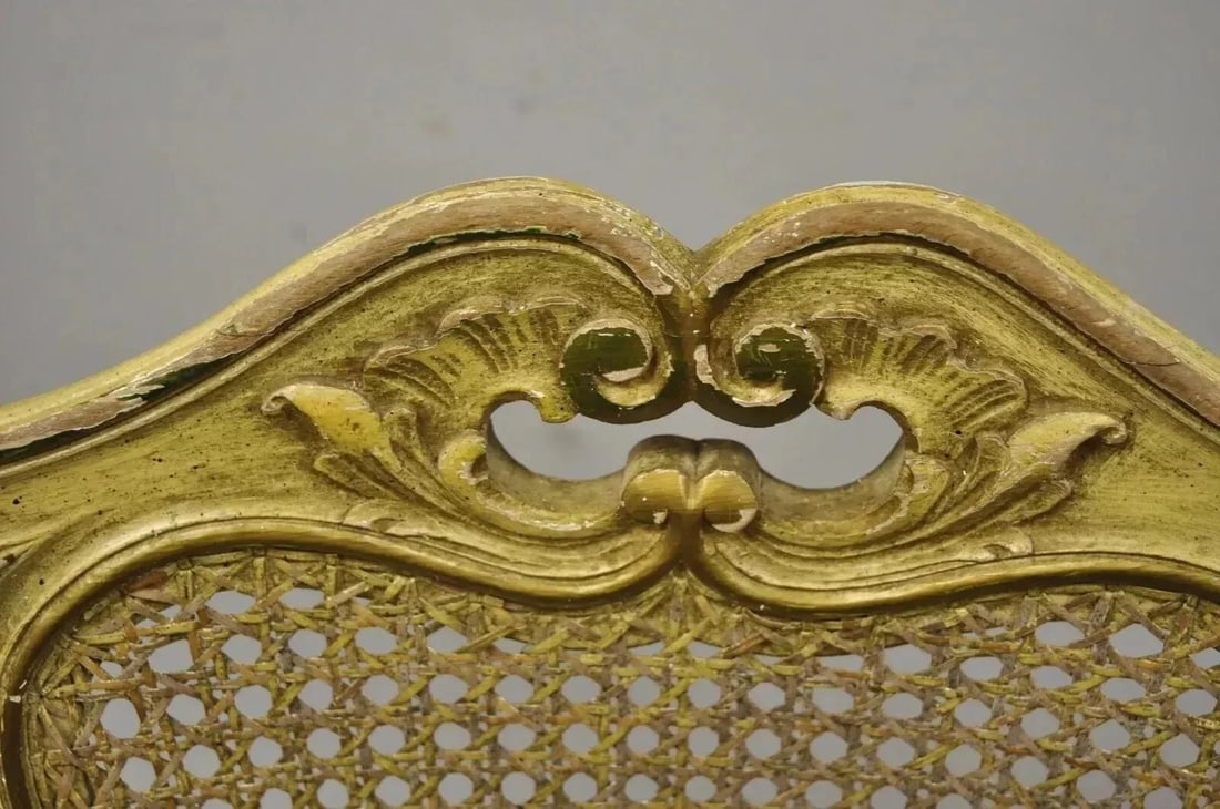 Mid 20th Century Vintage Italian Provincial French Louis XV Yellow Cane Dining Arm Chairs - Pair - 4
