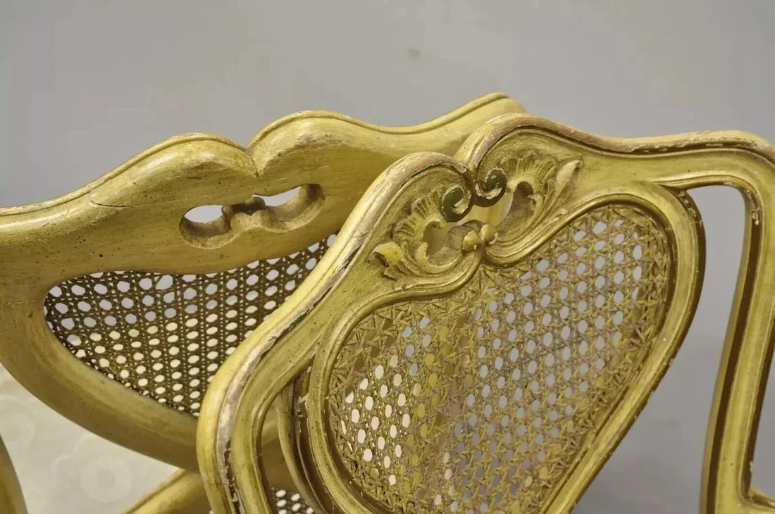 Mid 20th Century Vintage Italian Provincial French Louis XV Yellow Cane Dining Arm Chairs - Pair - 7