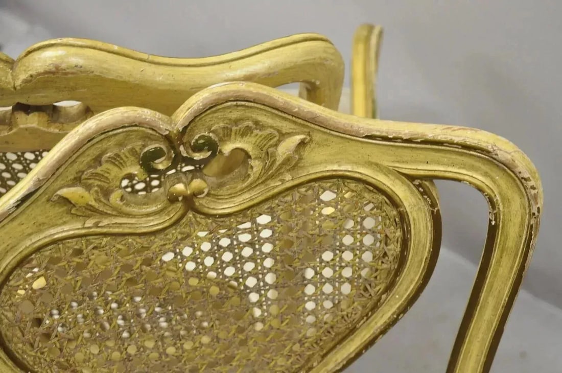 Mid 20th Century Vintage Italian Provincial French Louis XV Yellow Cane Dining Arm Chairs - Pair - 9