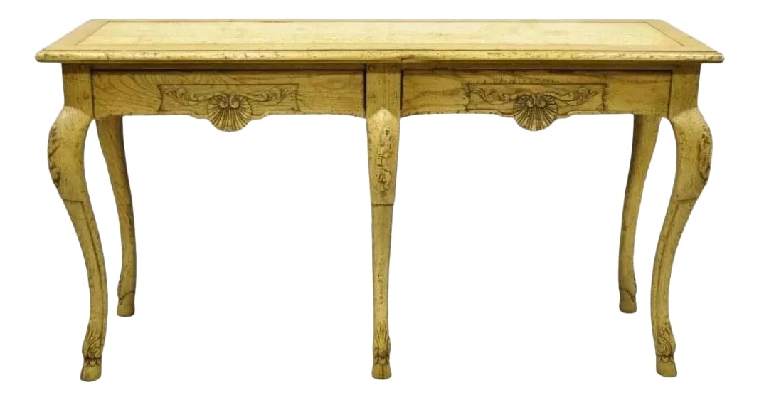 Baker Italian Regency Provincial Oak 2 Drawer Hoof Foot Console Hall Sofa Table: Vintage Baker Italian Regency Provincial Oak 2 Drawer Hoof Foot Console Hall Sofa Table. Item features carved hoof feet, beautiful wood grain, distressed finish, finished back, original label, 2 dovet