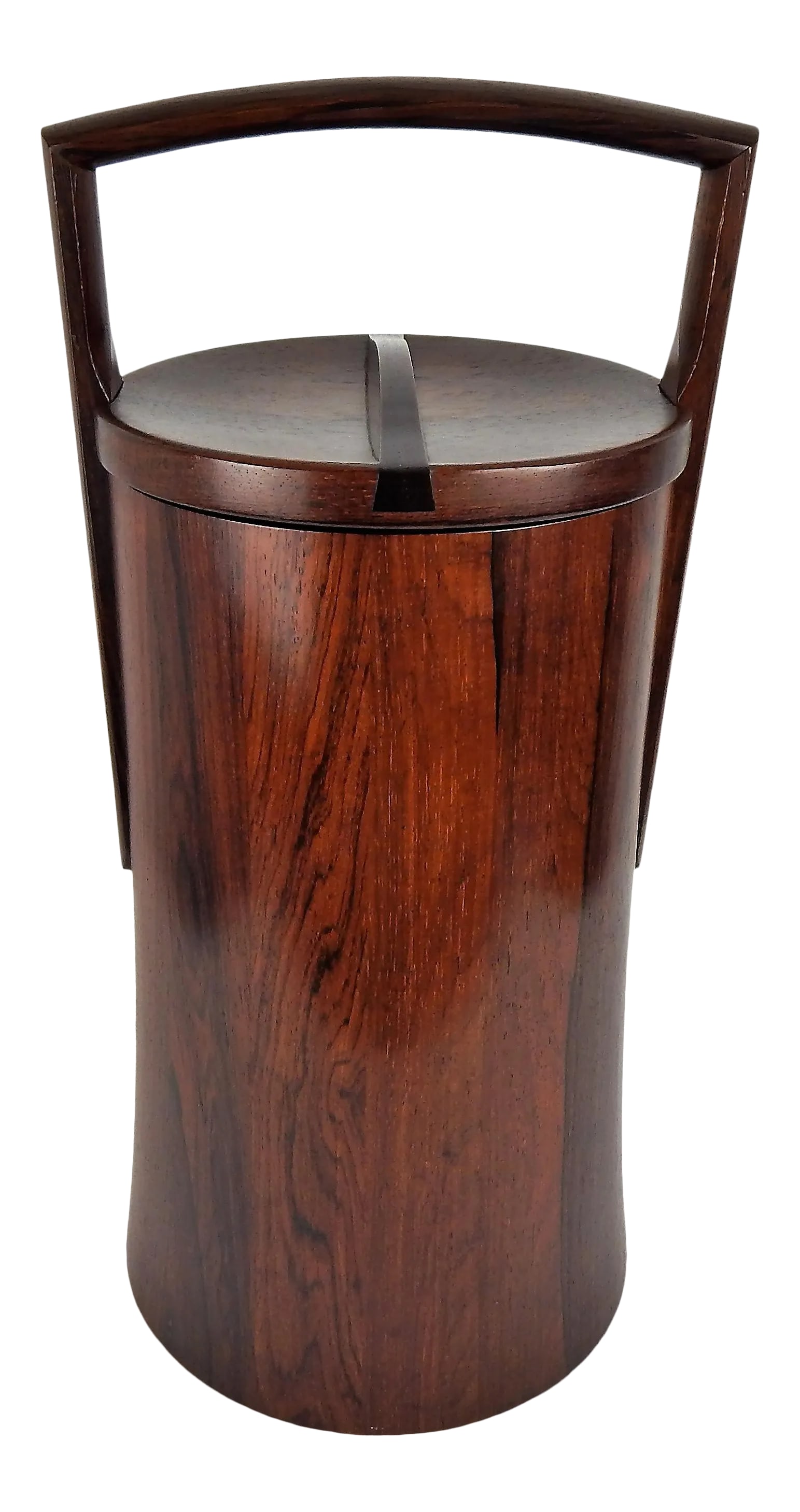 1960s Quistgaard Palisander Ice Bucket for Dansk: Exceptional Palisander ice bucket in a columnar form with flared base, integral handle and carved lid as designed by Jens Quistgaard for Dansk. Beautiful grain and patina, the base is branded with
