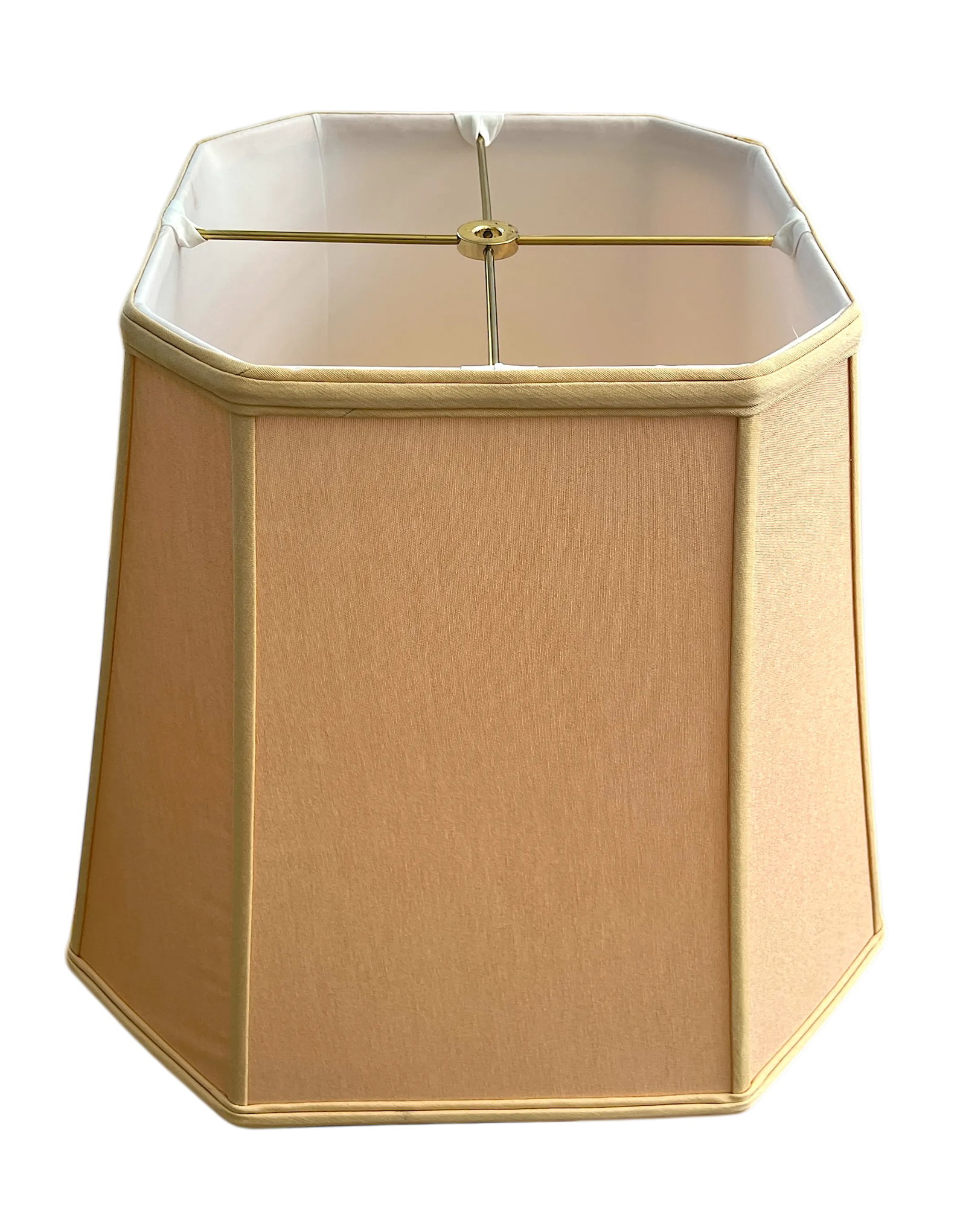 Large Blush Pink and Beige Cloth Rectangular Corner Lamp Shade: Tailored cloth lamp shade featuring a soft blush pink body with beige trim and crisp cornered lines, offering an elegant update to any vintage or contemporary base. The structured octagonal