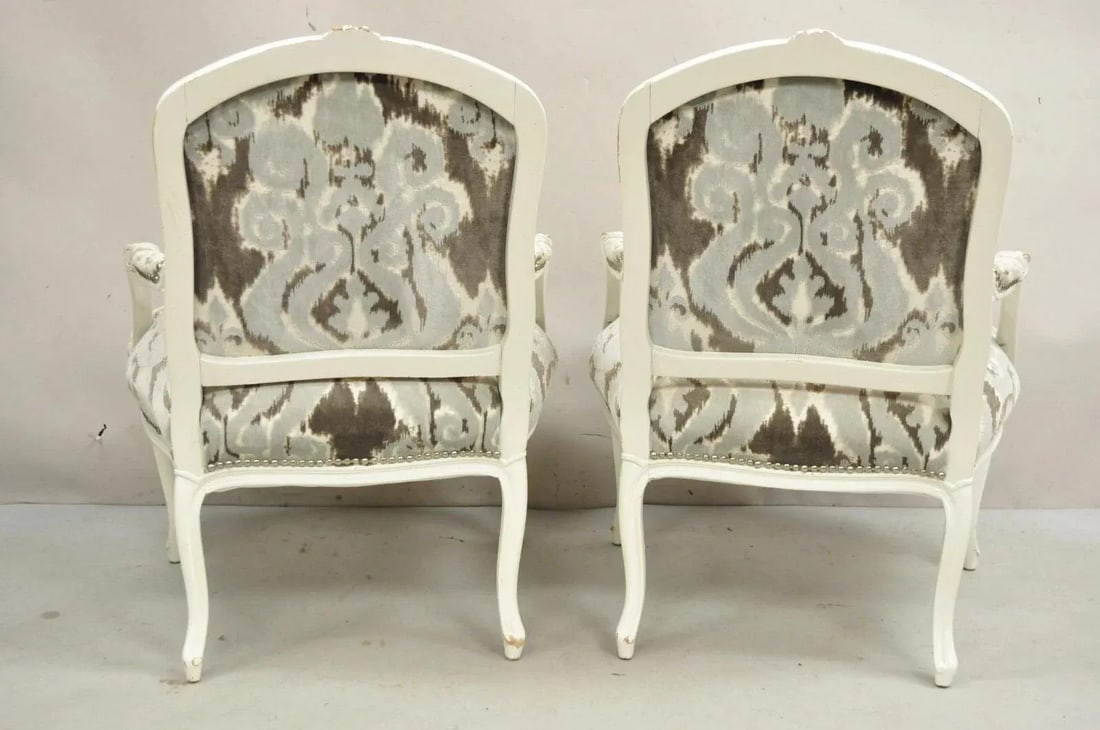 Vintage French Country Louis XV Style White Distress Painted Arm Chairs - A Pair - 10