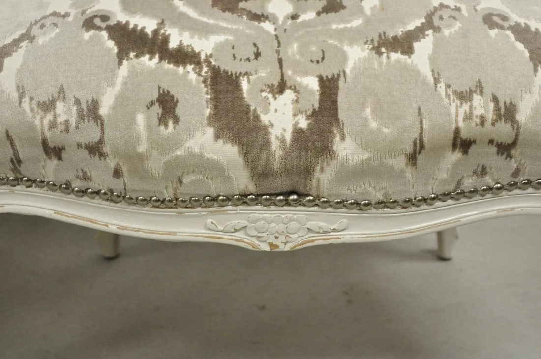 Vintage French Country Louis XV Style White Distress Painted Arm Chairs - A Pair - 11