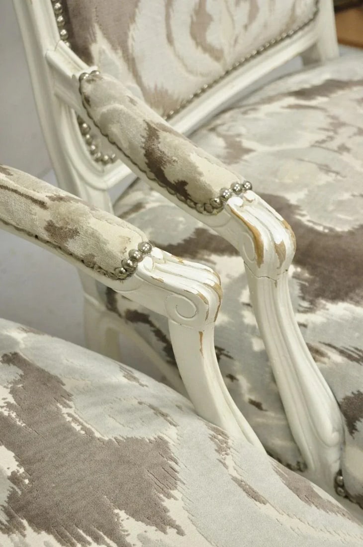 Vintage French Country Louis XV Style White Distress Painted Arm Chairs - A Pair - 12